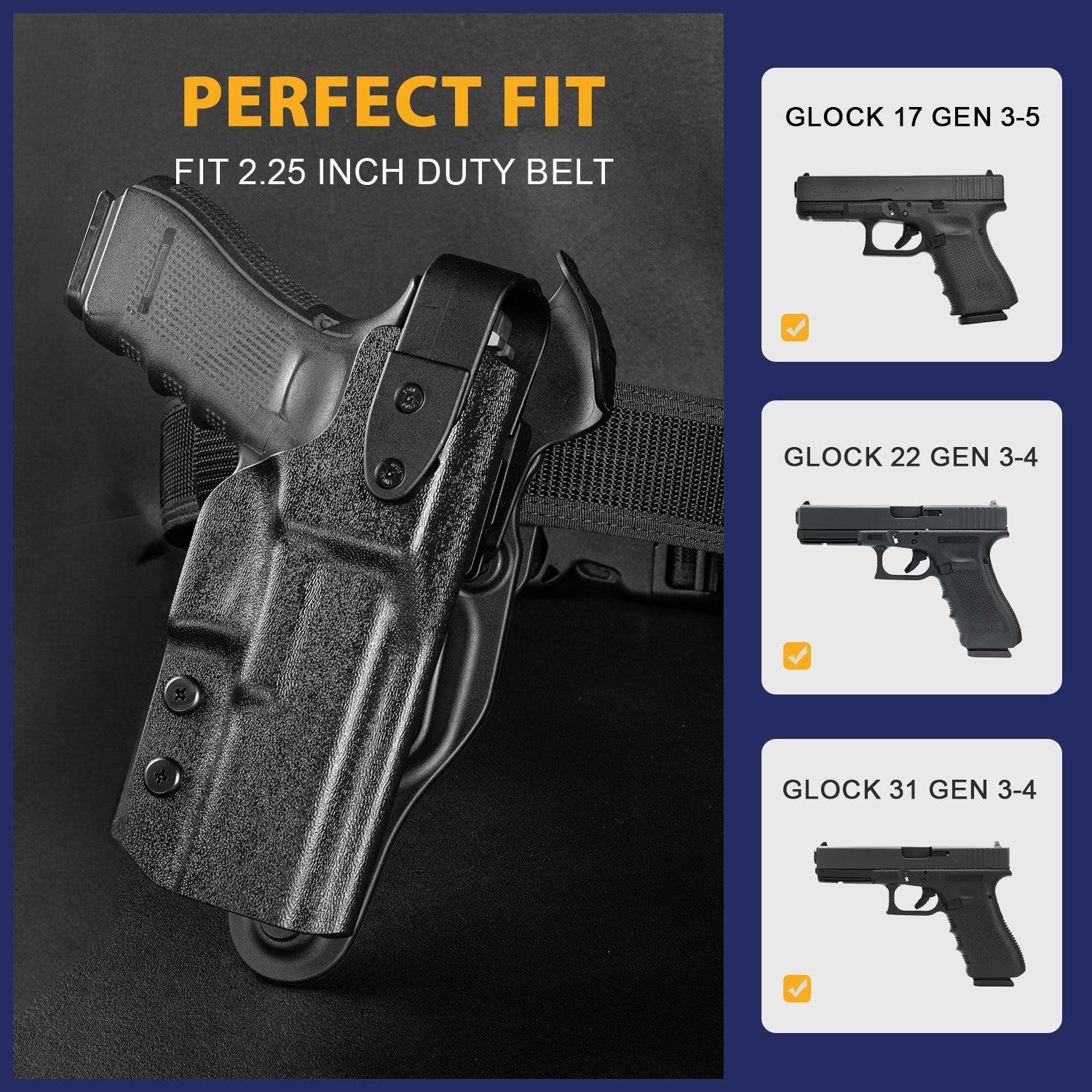 Glock 17 Holster Level II Retention w/Hook Guard & Rotating Hood: Glock G17/G19/G34 Gen3-5  G19X G23/G22/G31/G32 Gen3-4 G44  G45, 2.25 Inch Outside Waistband Holster G17, Adj. Retention & Ride Height, Right|WARRIORLAND - WARRIORLAND