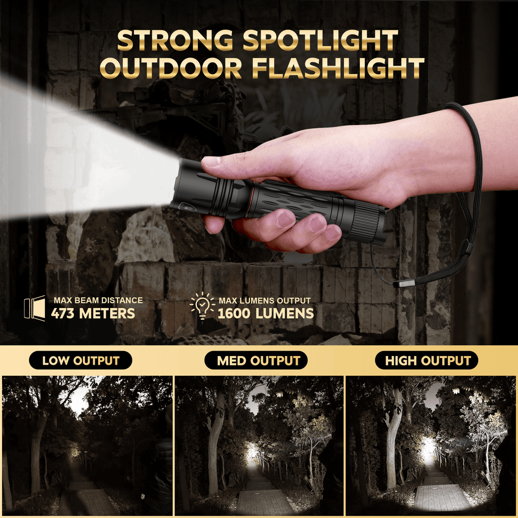 1600 Lumen Tactical Flashlight, Compact Handheld Flashlight with Max Beam Distance 473 Meters, IP68, EDC Flashlight with Rechargeable Battery, Outdoor, Camping and Emergency|WARRIORLAND - WARRIORLAND