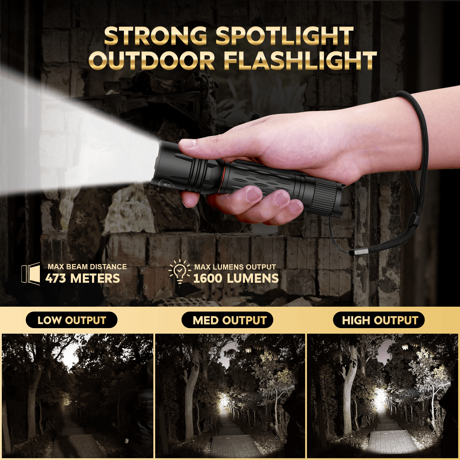 1600 Lumen Tactical Flashlight, Compact Handheld Flashlight with Max Beam Distance 473 Meters, IP68, EDC Flashlight with Rechargeable Battery, Outdoor, Camping and Emergency|WARRIORLAND - WARRIORLAND