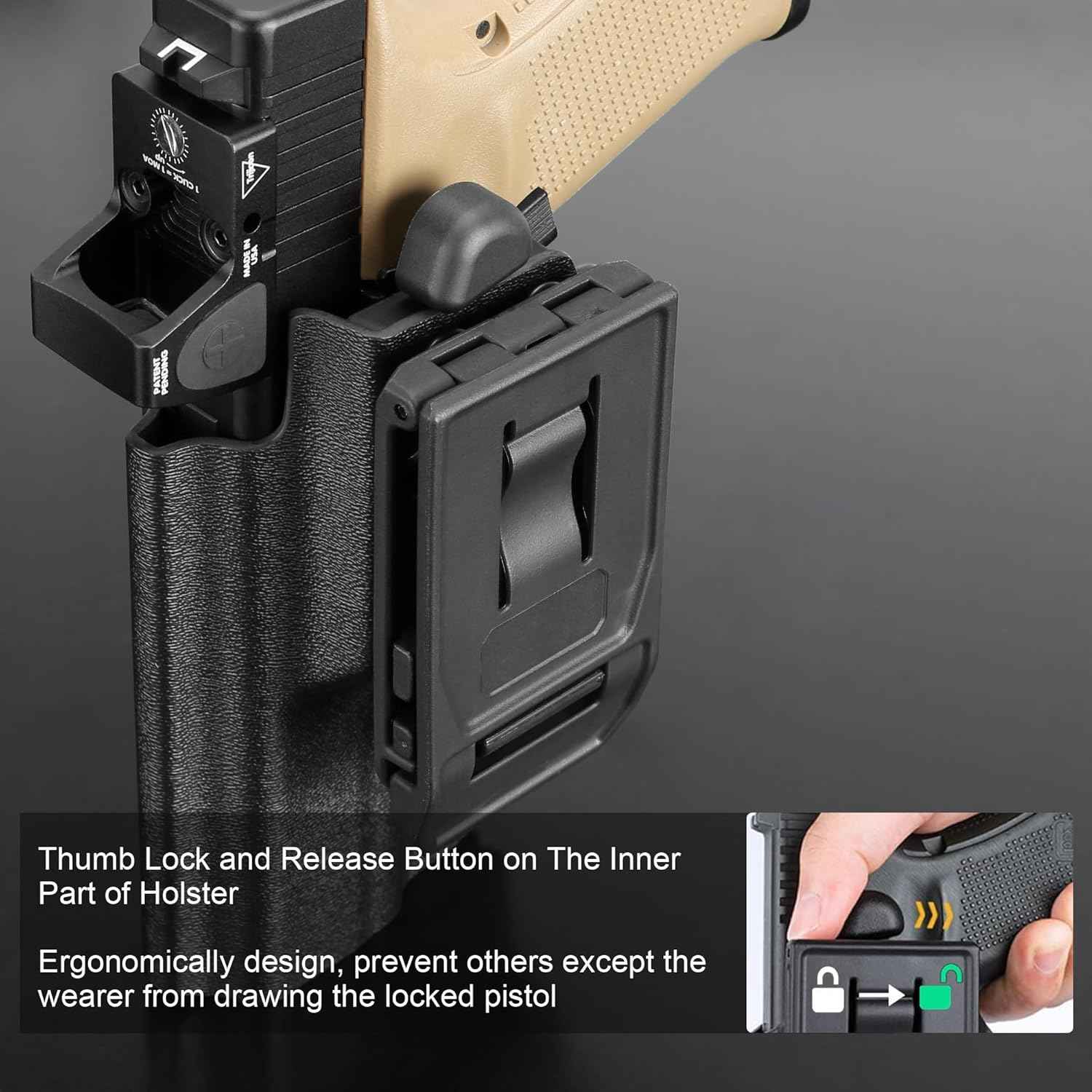 Glock 17/19/19X/45 Holster OWB Kydex Optic Cut - Thumb Release, Fits Gen 3-5 & G23/G32/G44, 360° Adjustable Cant, 1.5