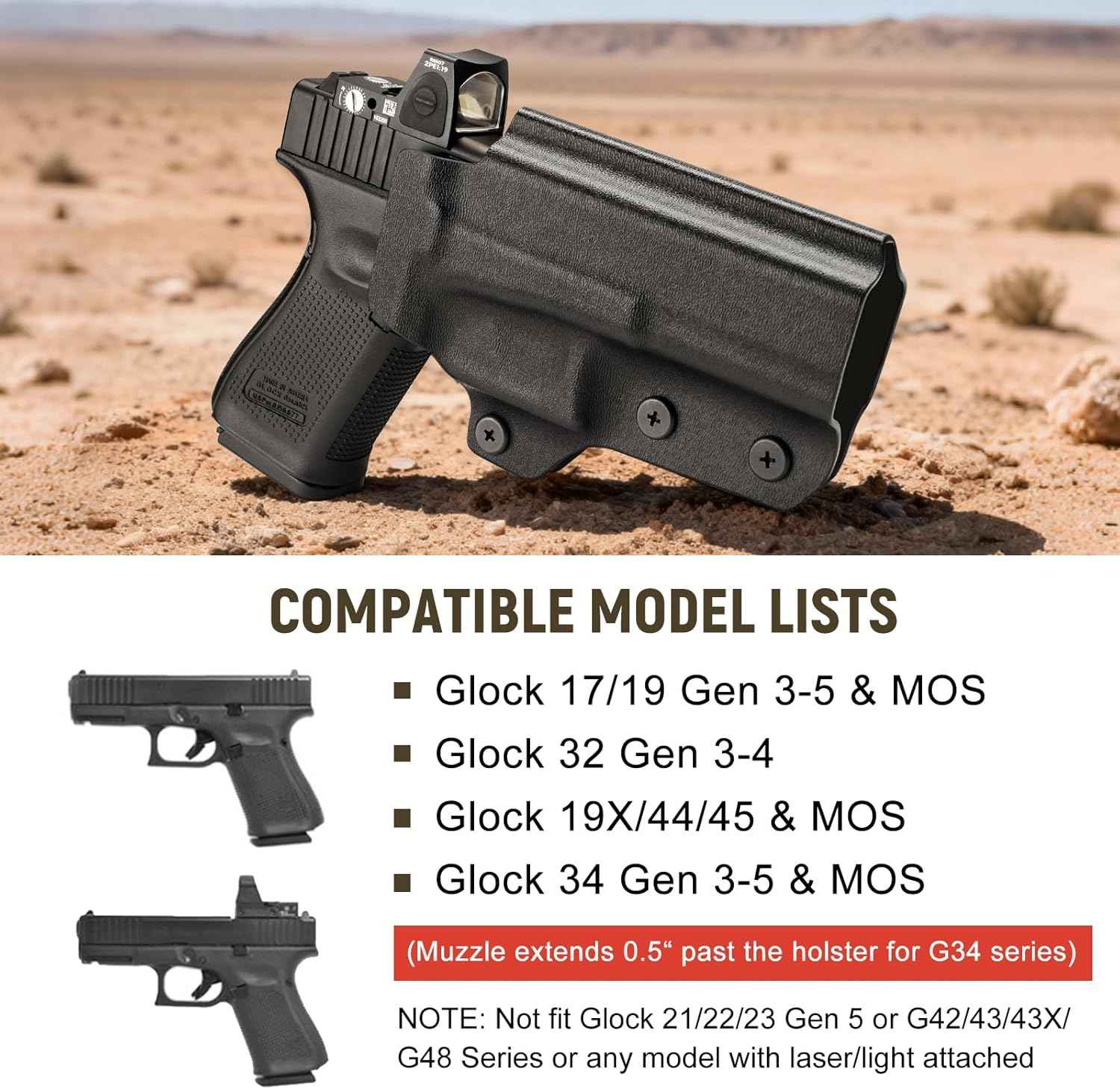 Glock 17/19/19X/45 Holster OWB Kydex Optic Cut - Thumb Release, Fits Gen 3-5 & G23/G32/G44, 360° Adjustable Cant, 1.5