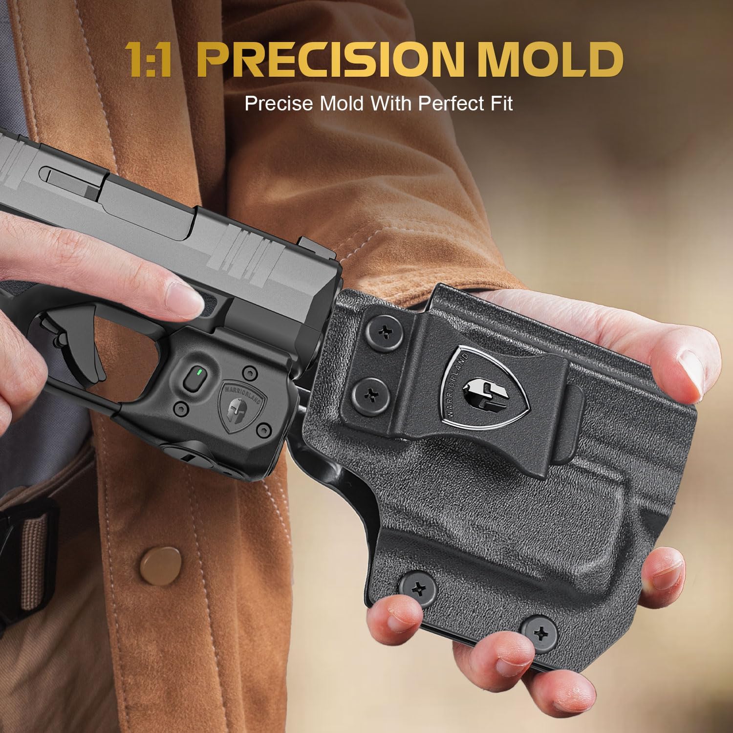 WARRIORLAND Pistol Light Laser & Holster Fit for Springfield Hellcat 3″ MICRO-COMPACT, Compact 150-Lumen Trigger Mounted Tactical Weapon Light with Green Laser White LED & IWB Holster, Power Indicator - WARRIORLAND