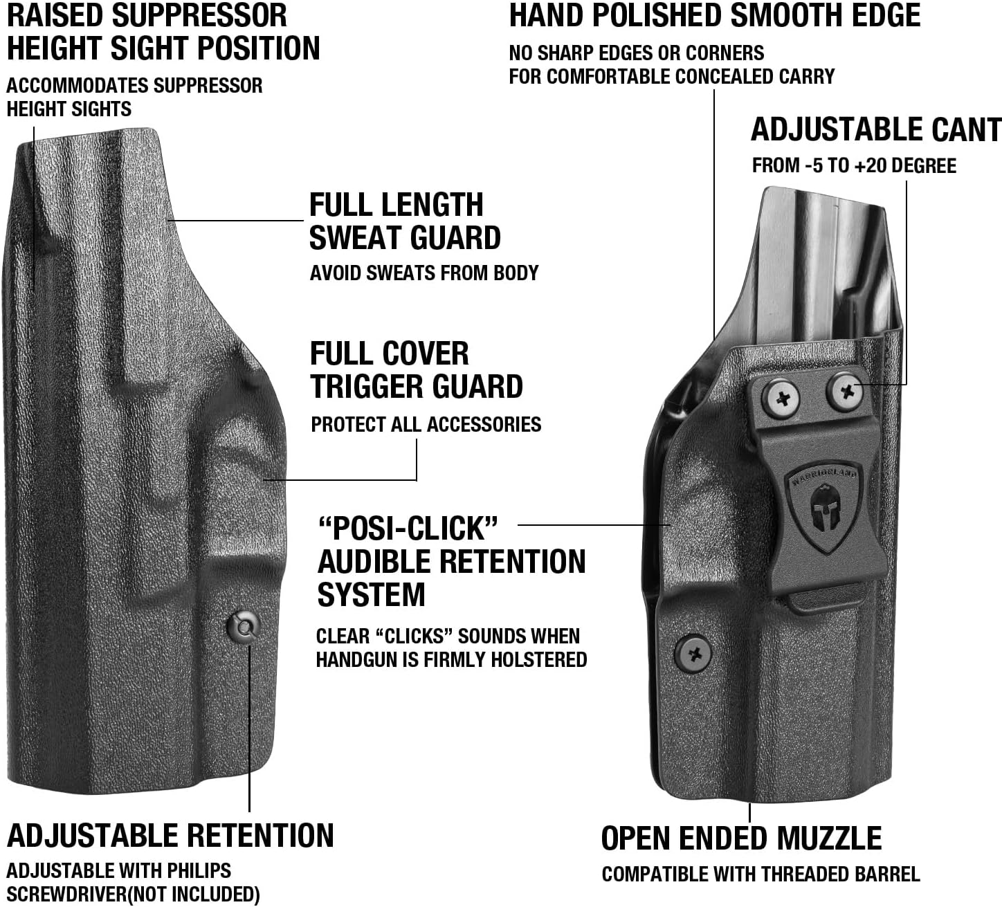 WARRIORLAND Concealed Carry Kydex Holster Fit for CZ P-10 C & CZ P-10 S, Inside Waistband IWB | Adjustable Cant | 'Posi-Click' Retention | Full Length Sweat Guard, Right Hand/Left Hand Option - WARRIORLAND