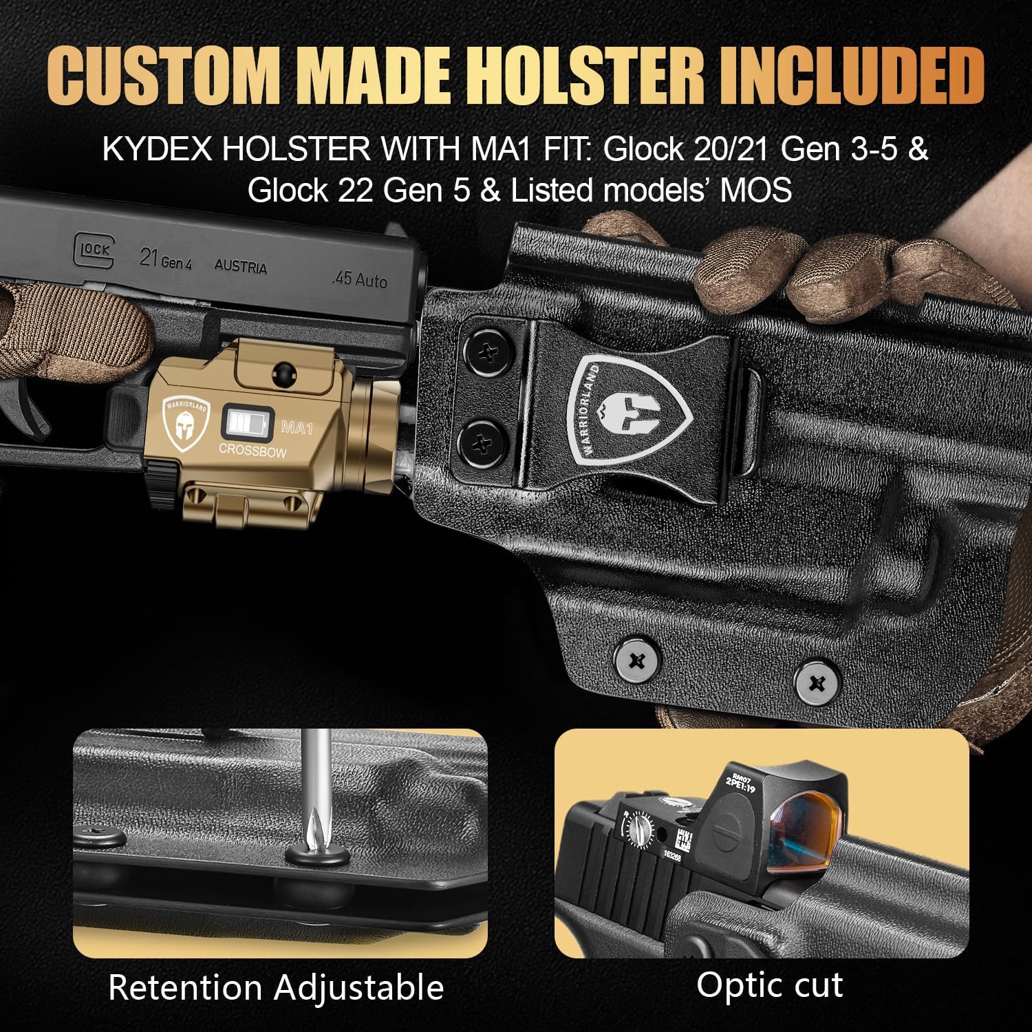 WARRIORLAND 800-Lumen FDE MA1 Pistol Laser LED Light & IWB Holster Combo, Fit for Glock 20/21 Gen3-5 & Glock 22 Gen5 & Listed Models' MOS, Magnetic USB Rechargeable | Screen Power Status - WARRIORLAND