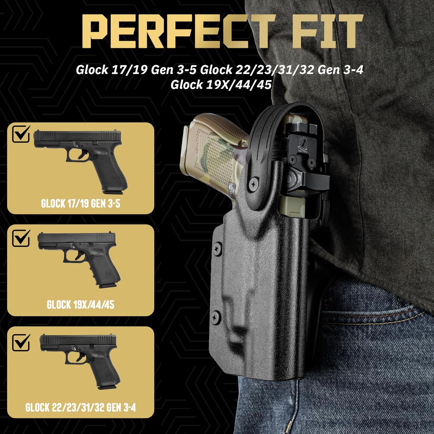 WARRIORLAND Kydex Holster for Glock 19 TLR-7/7A/7X/8HL-XG Level II Thumb Release, OWB Holster Compatible with Glock 17/19/19X/44/45 Gen 3 4 5 & G23/32 Gen 3-4, Optics Cut, Right Hand - WARRIORLAND