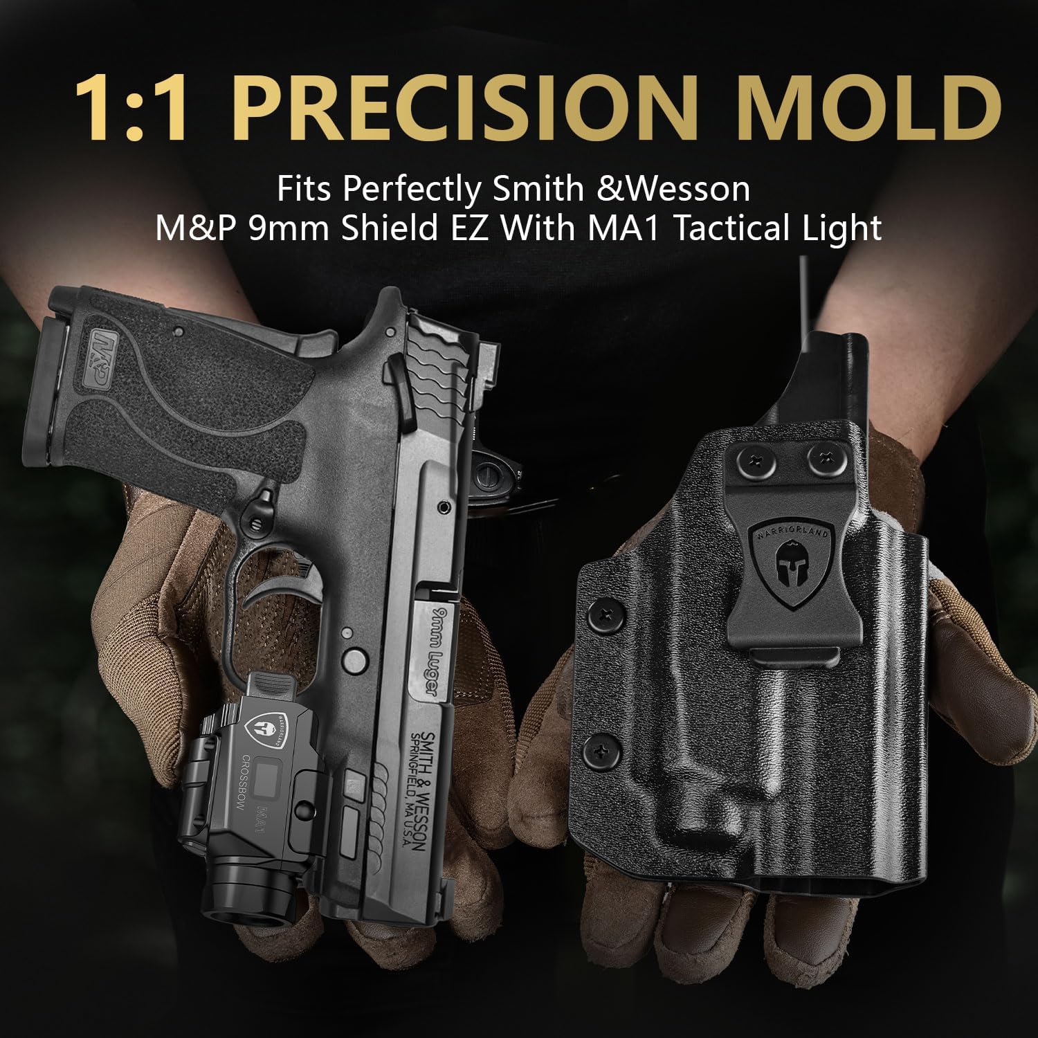 WARRIORLAND MA1 Laser Light Combo Holster Fit for M&P 9mm Shield EZ, 800-lumen LED Gun Flashlight and Green Laser Weapon Pistol Light & Right-Hand IWB Holster, Rechargeable | Screen Power Indicator - WARRIORLAND