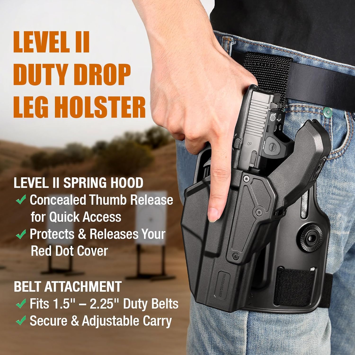 WARRIORLAND Level 2 Drop Leg Holster for 17/19/ 22/23/34 Gen 3-5 & G31/32 Gen 3-4 & 19X/44/45/47/49 & MOS Version, Optic Cut with RDS Cover, Tactical Thigh Holster with Adj. Heigh, Open Muzzle Design - WARRIORLAND