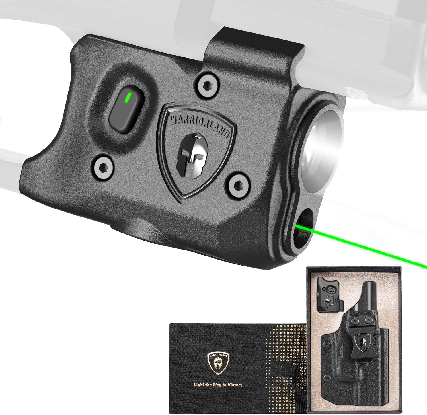 WARRIORLAND Pistol Light Laser & Holster Fit for Glock 17/19 Gen 3-5, Glock 22/23/31/32 Gen 3-4 & Glock 19X/44/45, Compact 150-Lumen Trigger Tactical Light with Green Laser White LED & IWB Holster - WARRIORLAND