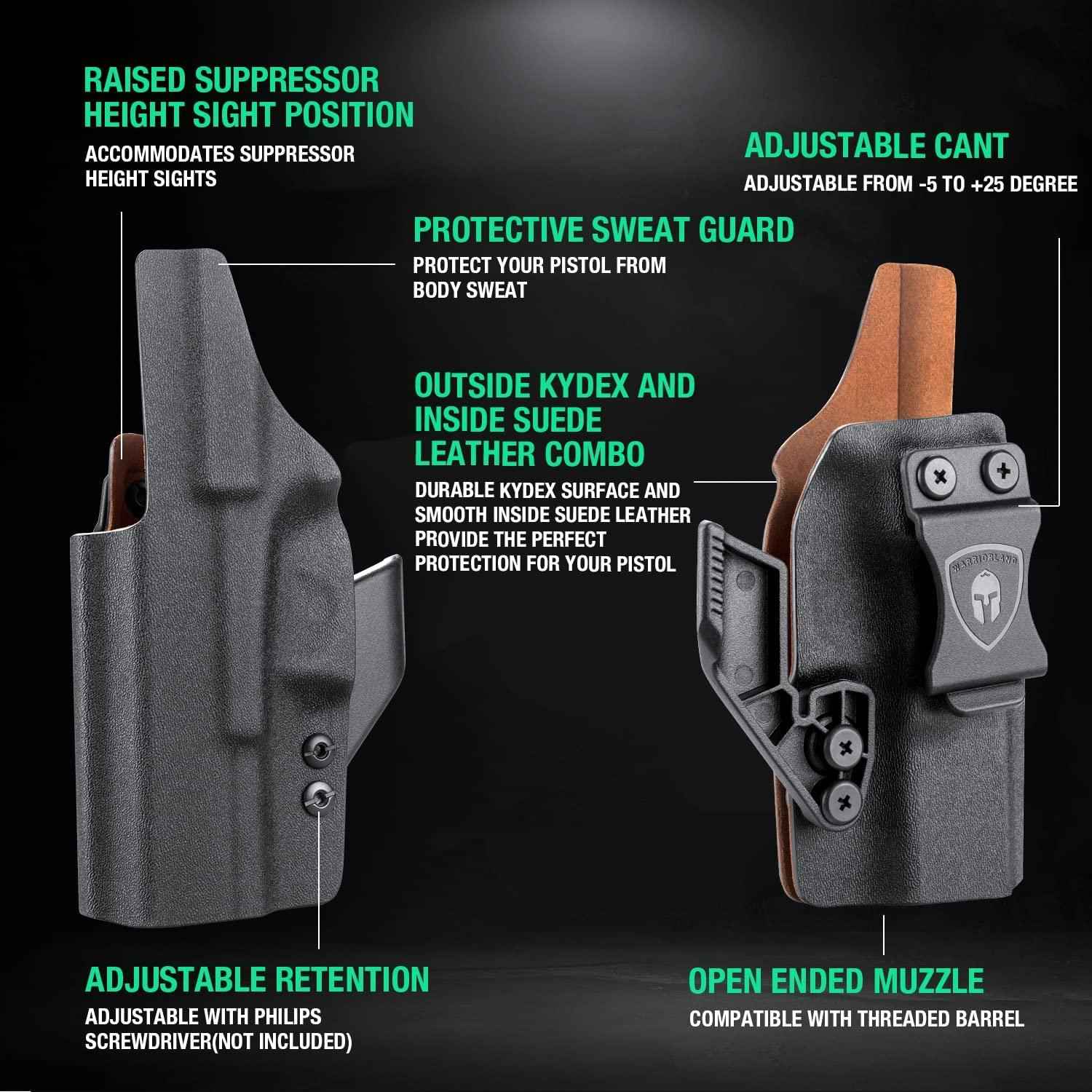 IWB Kydex Leather Lined Holsters with Optics Cut & Claw for Glock 19/19X/26/44/45(GEN 1-5) & 23/32(GEN 1-4)
