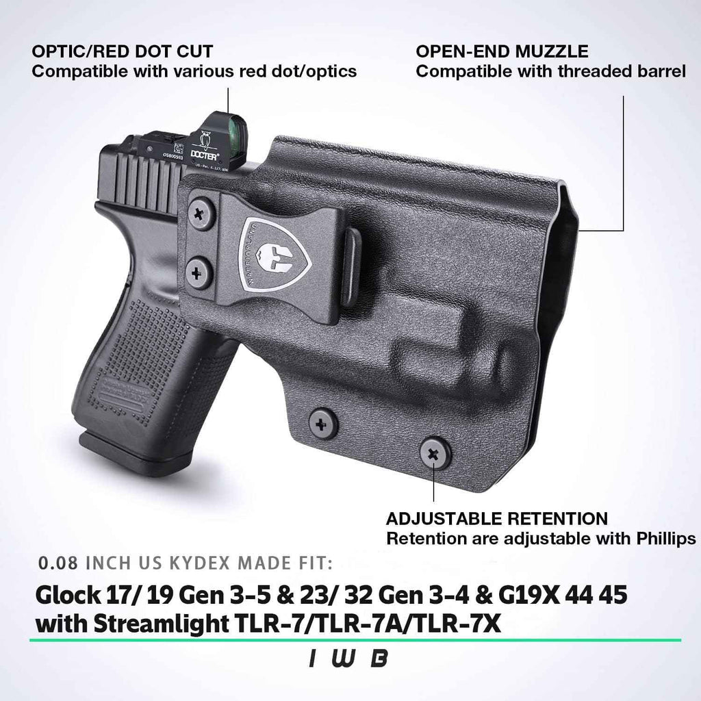 WARRIORLAND IWB Kydex Holster Optic Cut, Fits Glock 17/19 Gen 3-5 & 23/32 Gen 3-4 & 19X 44 45 with TLR-7/TLR-7A/TLR-7X, Inside Waistband Conceal Carry, Adj. Cant & Posi-Click Retention