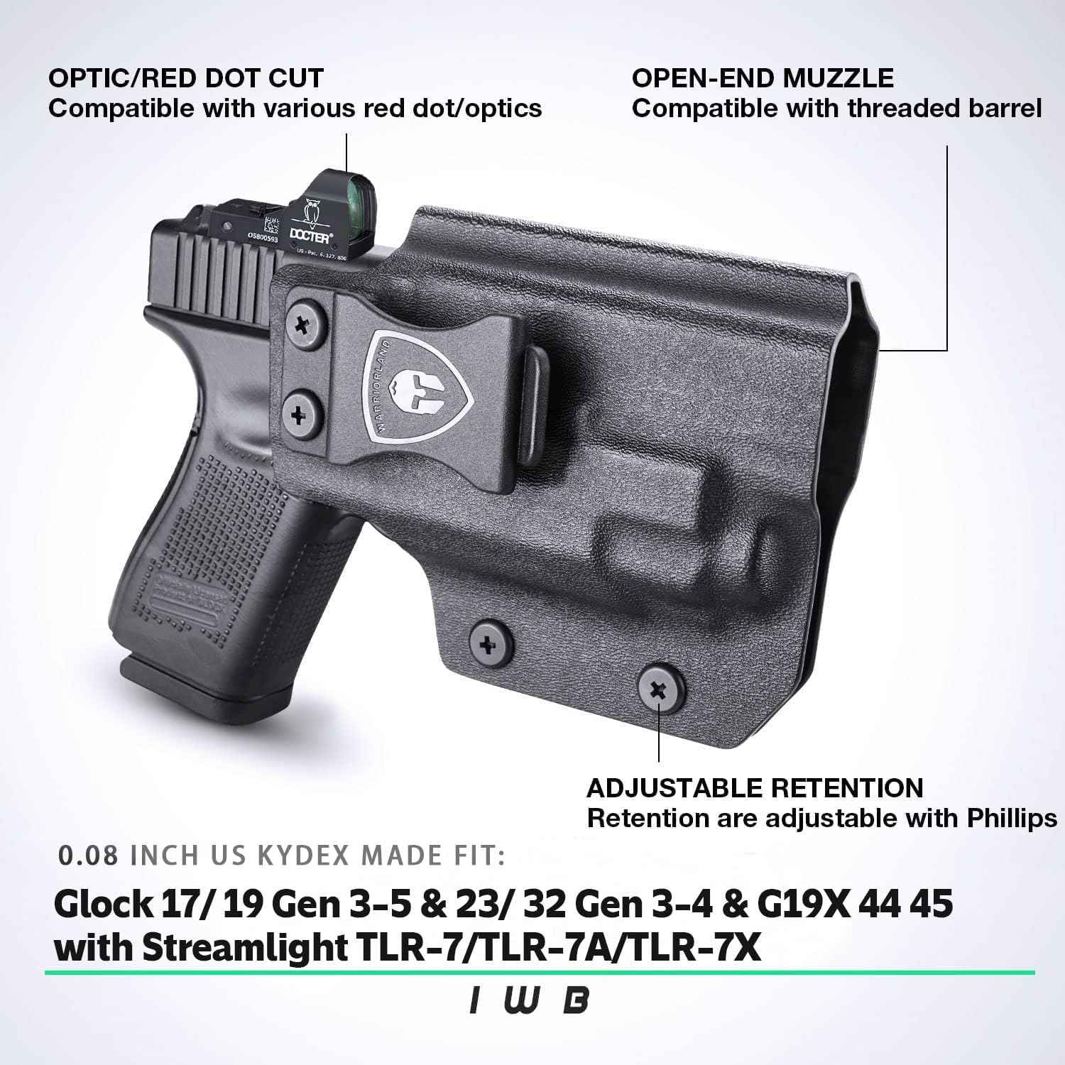 WARRIORLAND IWB Kydex Holster Optic Cut, Fits Glock 17/19 Gen 3-5 & 23/32 Gen 3-4 & 19X 44 45 with TLR-7/TLR-7A/TLR-7X, Inside Waistband Conceal Carry, Adj. Cant & Posi-Click Retention
