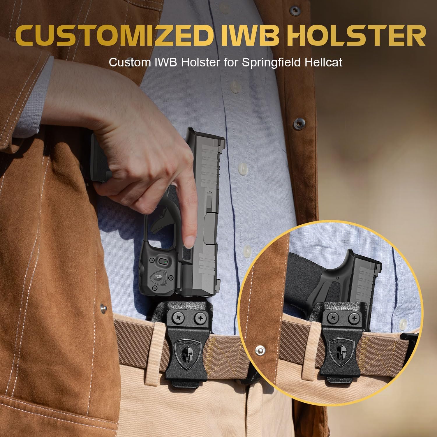 WARRIORLAND Pistol Light Laser & Holster Fit for Springfield Hellcat 3″ MICRO-COMPACT, Compact 150-Lumen Trigger Mounted Tactical Weapon Light with Green Laser White LED & IWB Holster, Power Indicator - WARRIORLAND
