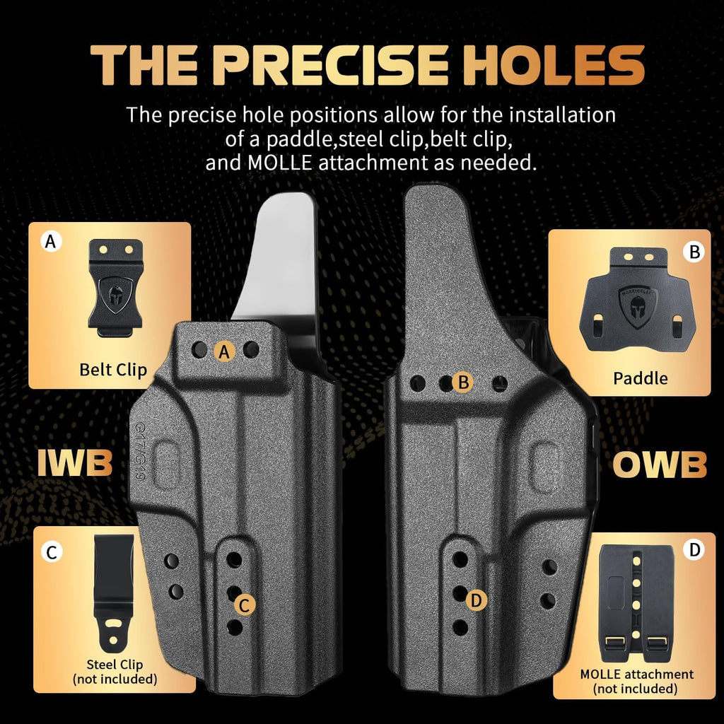WARRIORLAND IWB & OWB Convertible Holster Optic Cut: Compatible with Glock 17/19/26/34 Gen3-5  G17/G19 Gen4 MOS  G17/G19/G26/G34 Gen5 MOS  19X  G23 Gen3-4  G32 Gen3-4  G44  G45  G45 MOS  Holster, with Claw,Adj Ride Height, Right Hand - WARRIORLAND