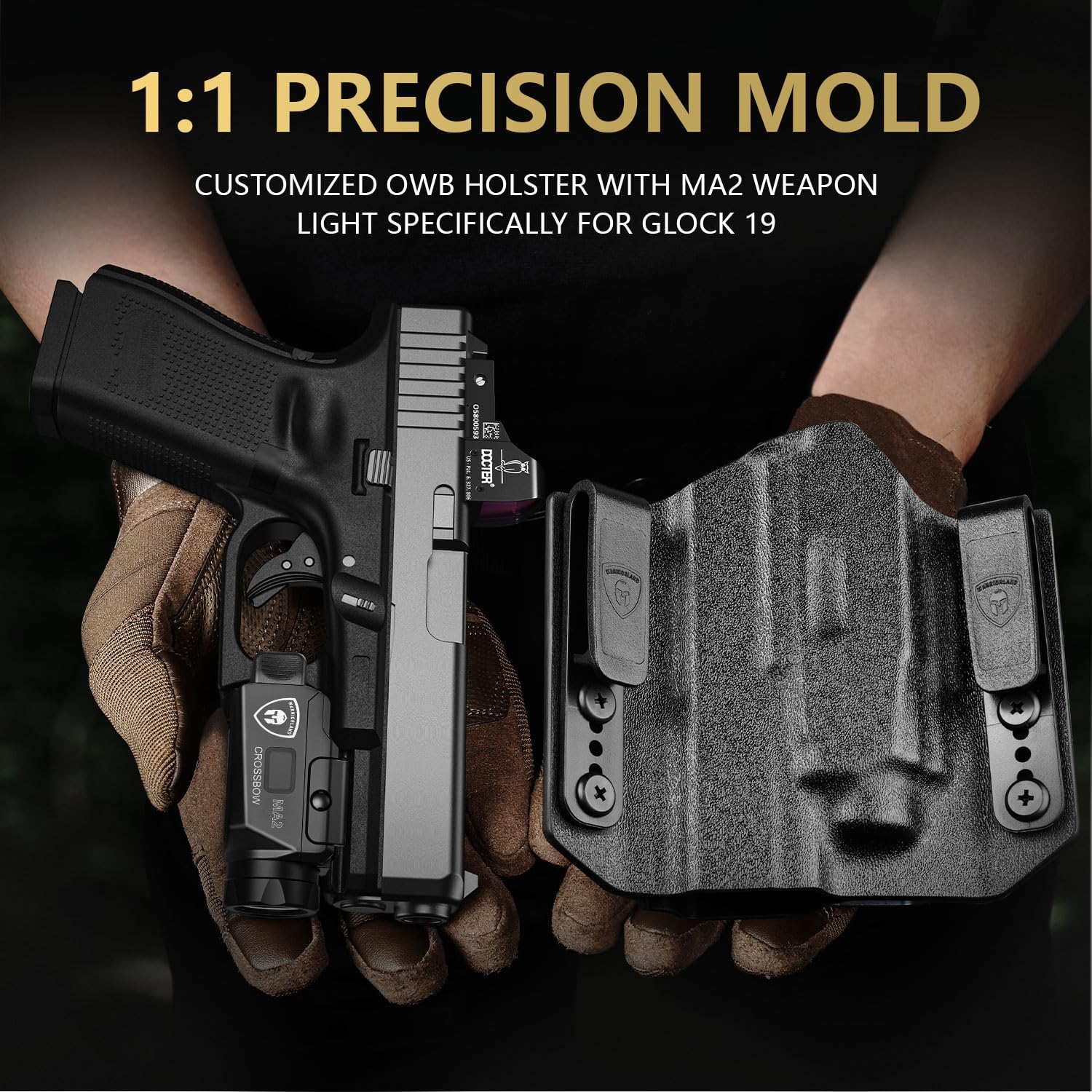 WARRIORLAND MA2 Universal Rail Mounted 800 Lumens Pistol Light with Glock 17/19 OWB Kydex Holster Combo, Magnetic USB Charging Tactical Light with Screen Displays Battery Status - WARRIORLAND