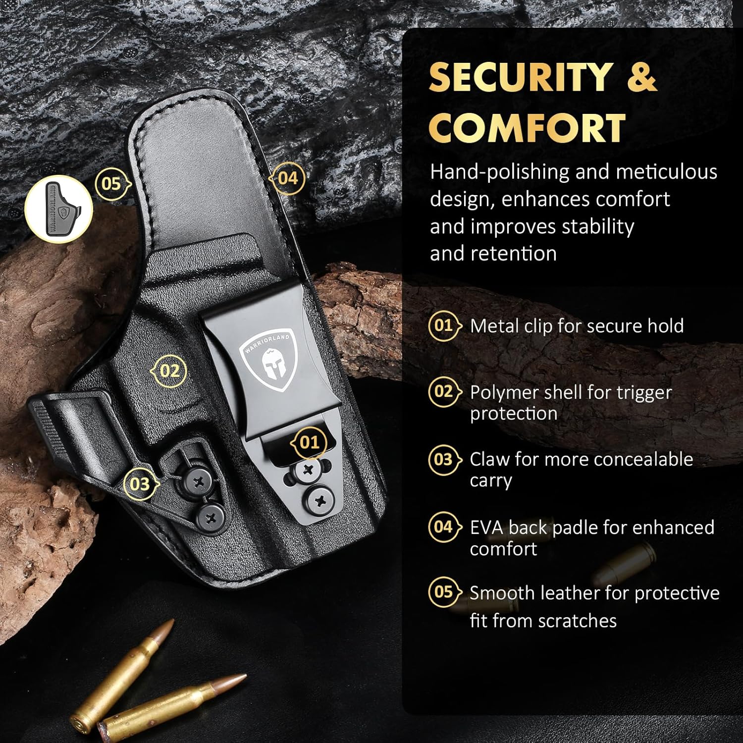 WARRIORLAND IWB Hybrid Holster Compatible with Glock 17/ 19 Gen 3-5 & 23/ 32 Gen 3-4 & G19X 44 45 & their MOS version, Concealed Carry Polymer & Leather Holster with Claw/Optics Cut Ready, Right Hand - WARRIORLAND