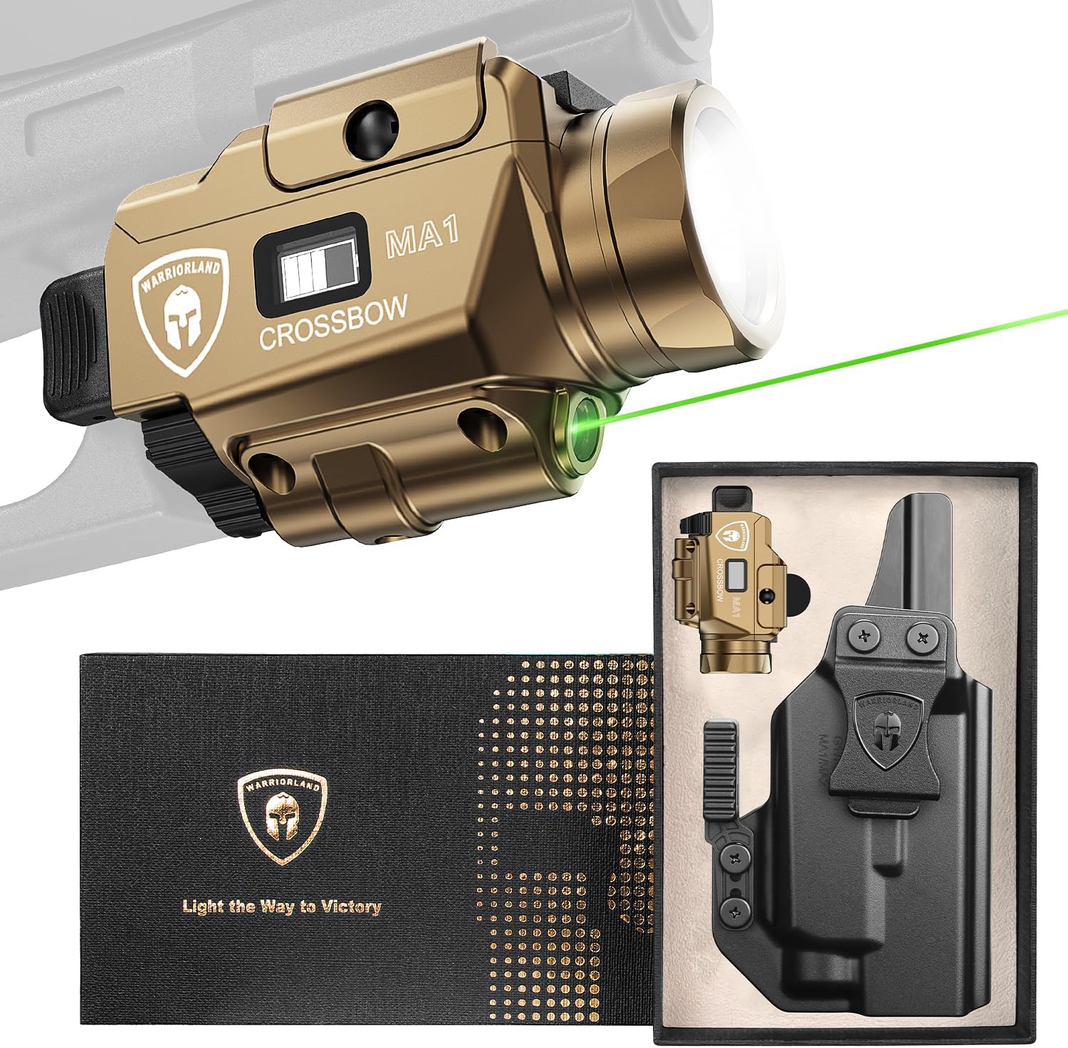 WARRIORLAND FDE MA1 800 Lumens Rail Mounted Universal Pistol Light, Combo Custom Holster for Glock 17/19 Gen 3-5 & Glock 34 Gen 4-5 & 18/19X/ 44/45 & MOS, Rechargeable | Screen Power Status - WARRIORLAND