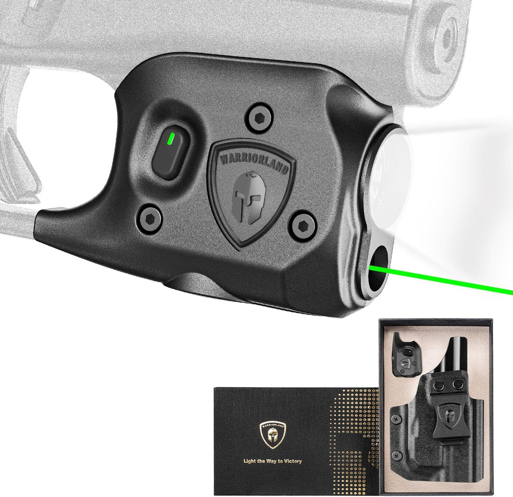 WARRIORLAND Pistol Light Laser & Holster Fit for Glock 43 / 43X (No Rail Version), Compact 150-Lumen Trigger Mounted Tactical Weapon Light with Green Laser White LED & IWB Holster, Power Indicator - WARRIORLAND