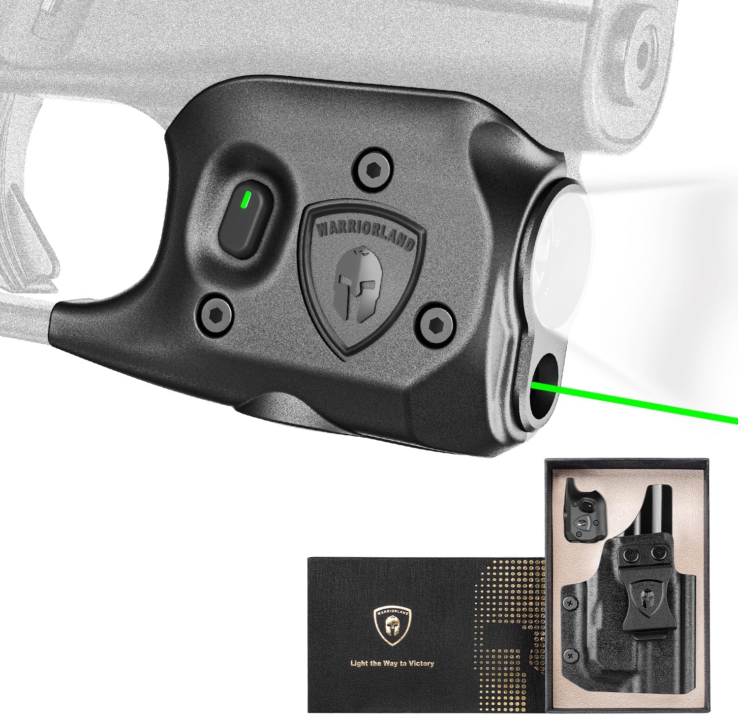 WARRIORLAND Pistol Light Laser & Holster Fit for Glock 43 / 43X (No Rail Version), Compact 150-Lumen Trigger Mounted Tactical Weapon Light with Green Laser White LED & IWB Holster, Power Indicator - WARRIORLAND