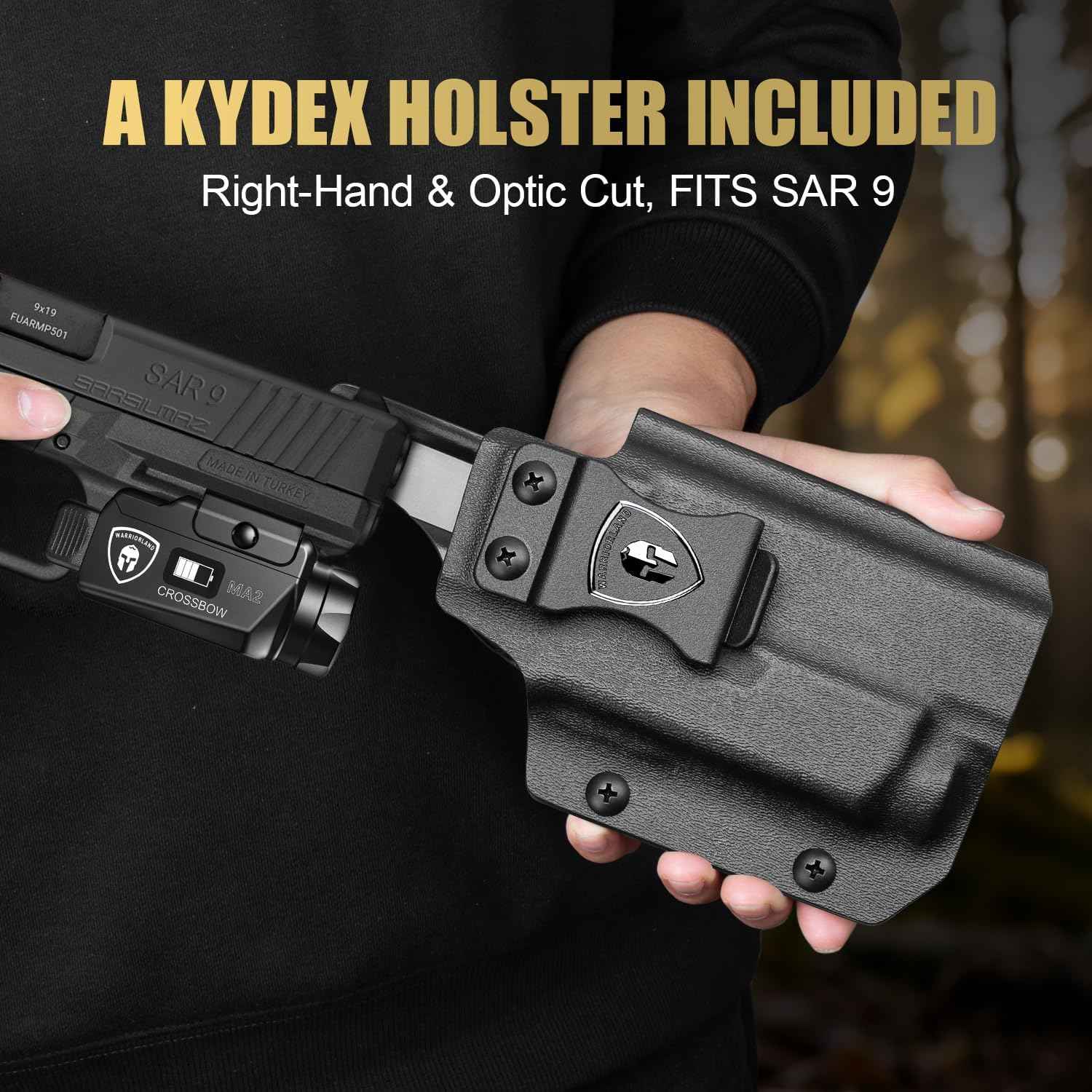 Sar9 Pistol Light + IWB Holster Combo - WARRIORLAND MA2 800 Lumen Rechargeable LED Weapon Light with OLED Power Indicator, Right Hand Kydex Holster Included
