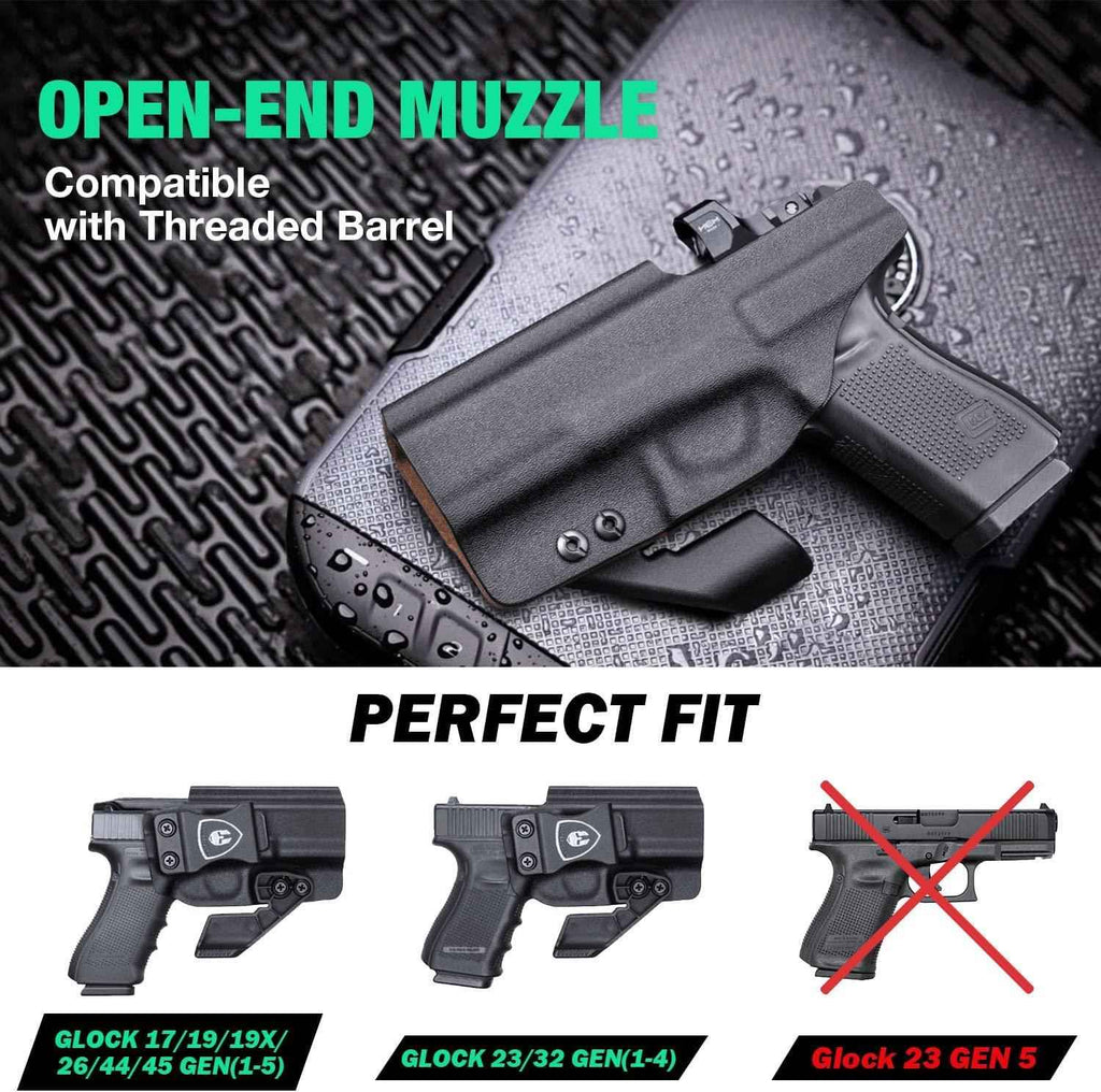 IWB Kydex Leather Lined Holsters with Optics Cut & Claw for Glock 19/19X/26/44/45(GEN 1-5) & 23/32(GEN 1-4)