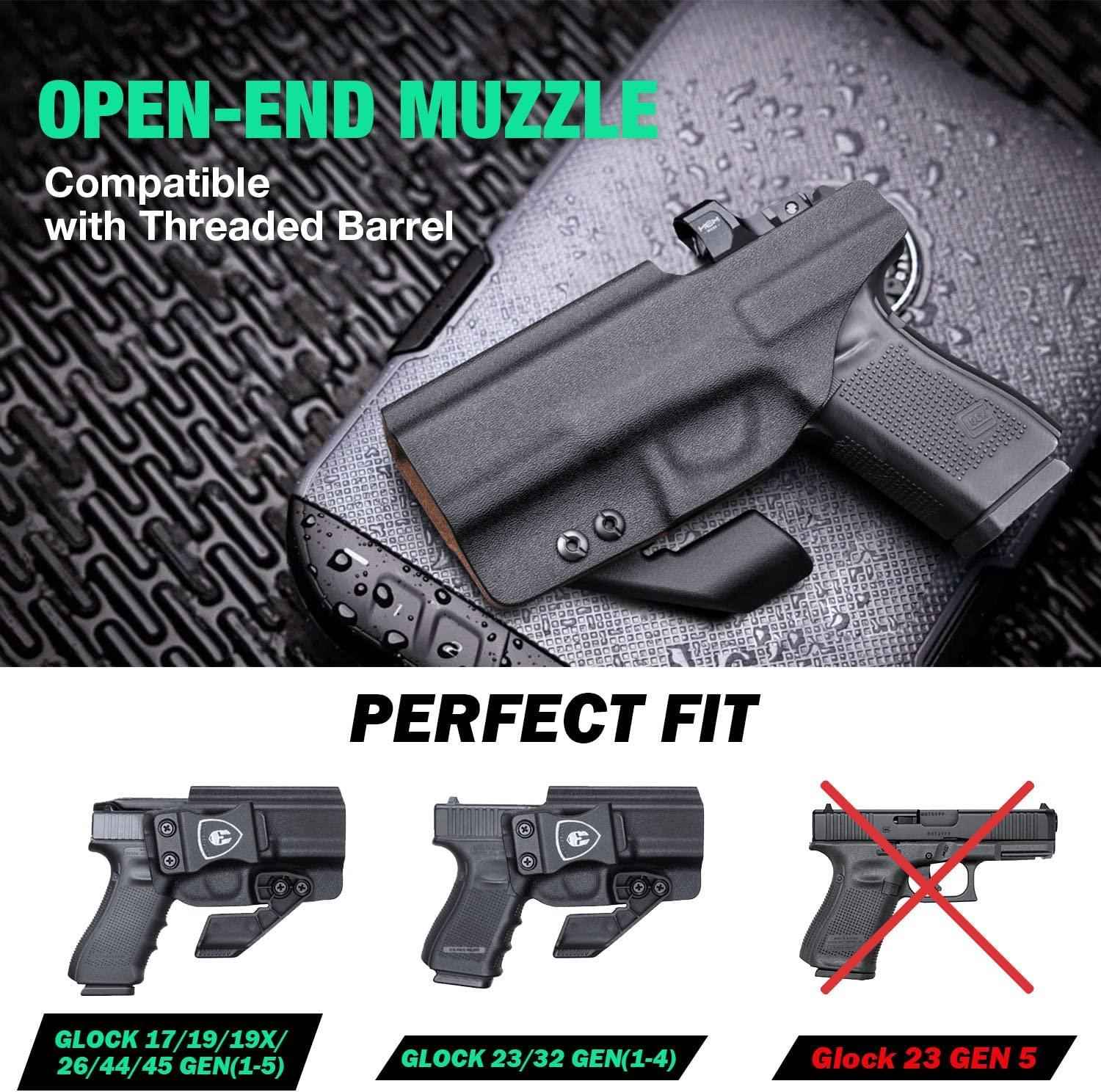 IWB Kydex Leather Lined Holsters with Optics Cut & Claw for Glock 19/19X/26/44/45(GEN 1-5) & 23/32(GEN 1-4)