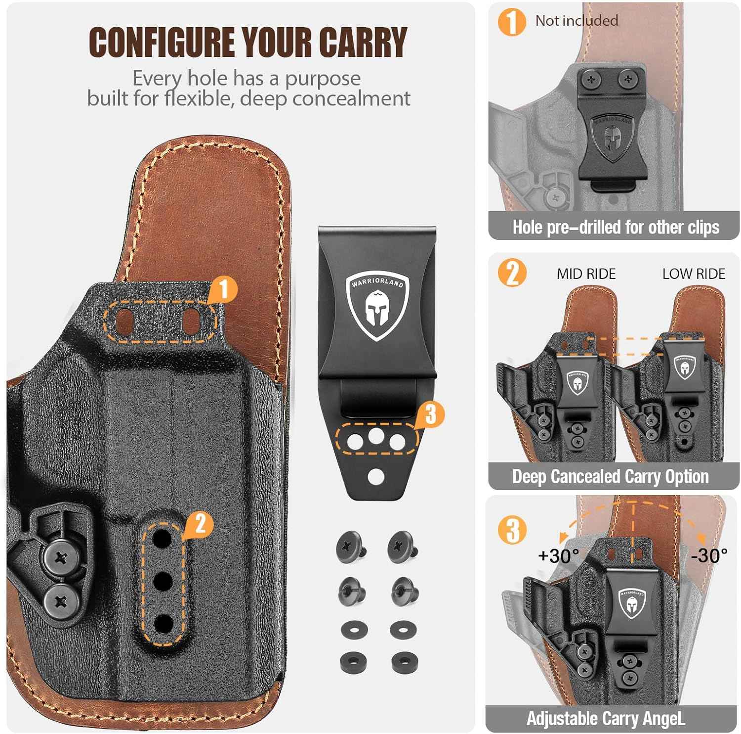 WARRIORLAND Springfield Hellcat Pro Holster - Compatible with Hellcat/RDP/OSP Optics Cut, IWB Hybrid Kydex/Leather Concealed Carry Holster, Right Hand, Adjustable Cant & Retention & Ride Height, Inside Waistband Holster