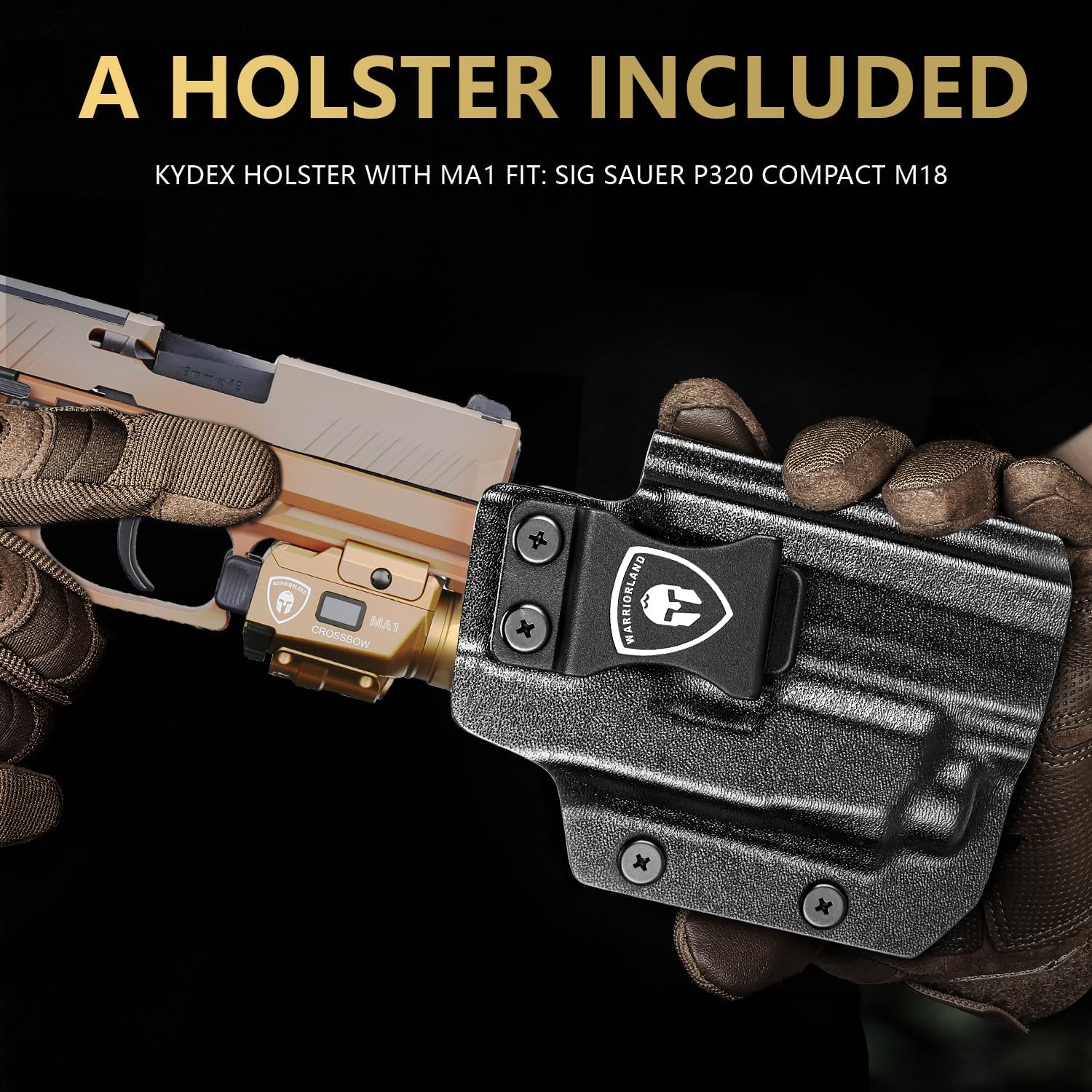 WARRIORLAND Kydex Holster for Sig P320 Compact/M18/M17/Full-Size with MA1 800 Lumen Tactical Light, Rail Mounted Green Laser LED Weapon Light w/Power Indicator, Right-Hand Draw IWB/OWB Compatible - WARRIORLAND