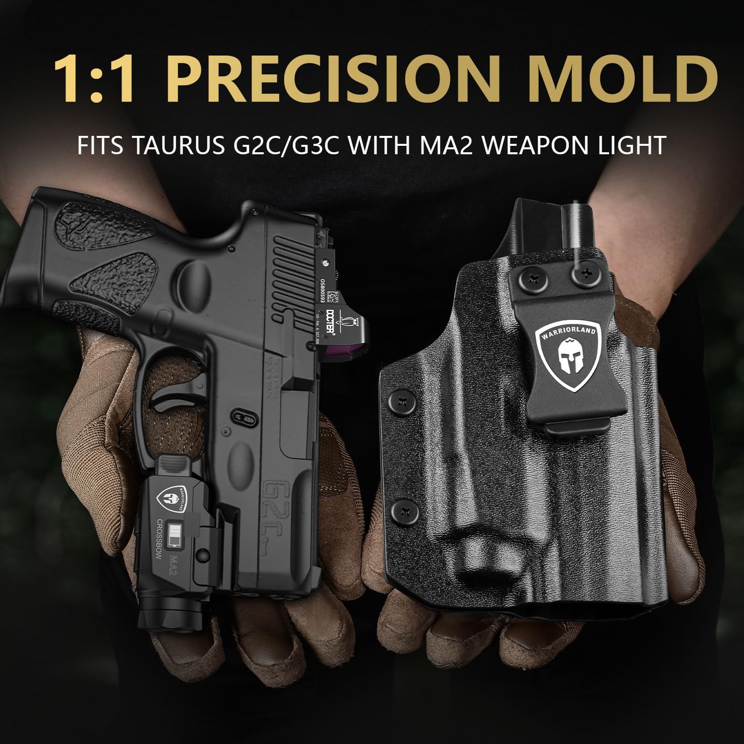 WARRIORLAND Crossbow MA2 Universal Rail Mounted 800 Lumens Tactical Light with Taurus G2C/G3C IWB Kydex Holster Combo, Magnetic USB Charging Pistol Light with Screen Displays Battery Status - WARRIORLAND