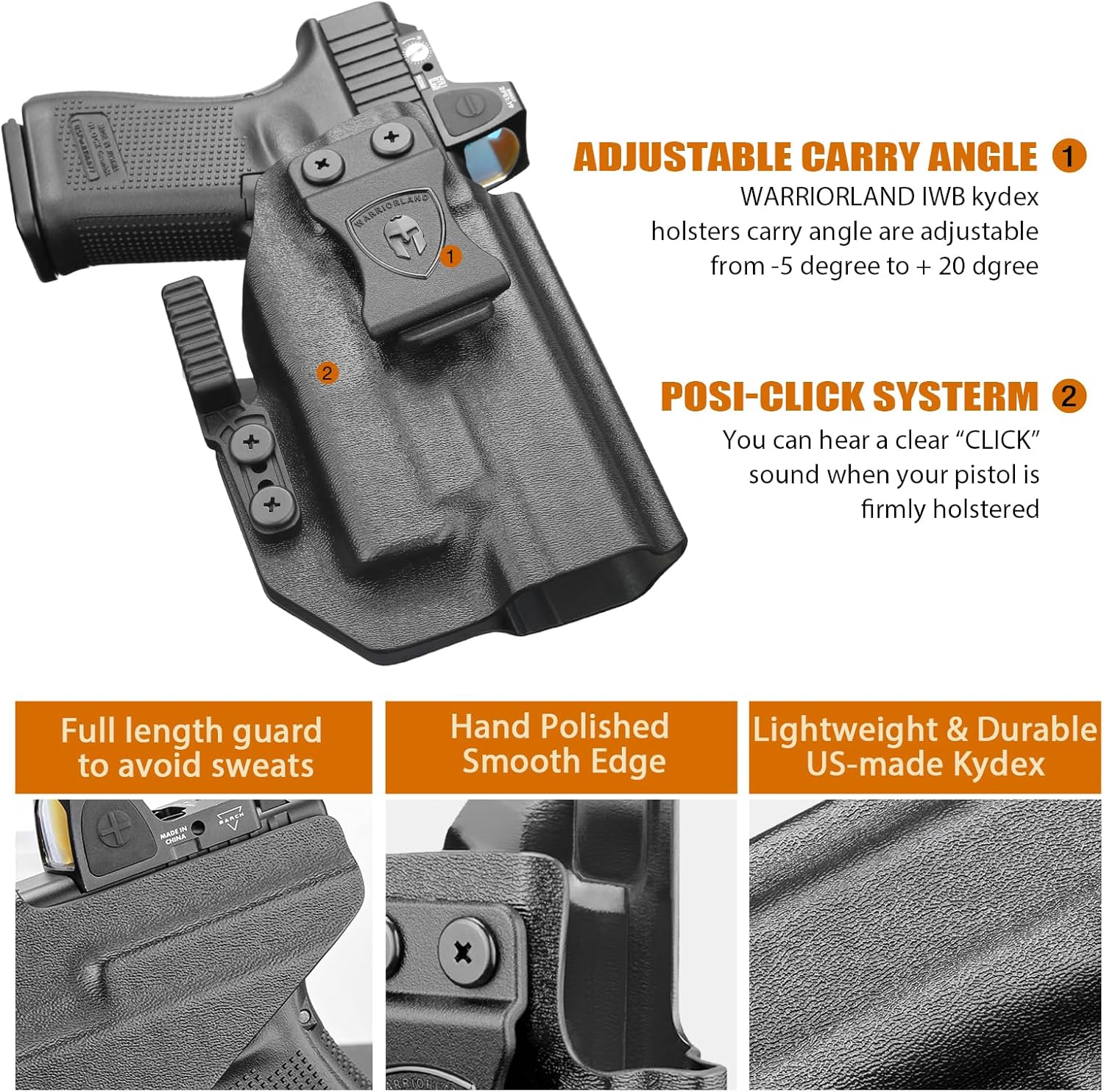 Glock 17/19 Gen3-6 / G19X / 44/45 / G34 Gen5 IWB Kydex Holster w/Claw - Olight Baldr S / Mini / RL Mini Light Bearing, Optic Cut, Adj. Retention & Cant, Right Hand - WARRIORLAND