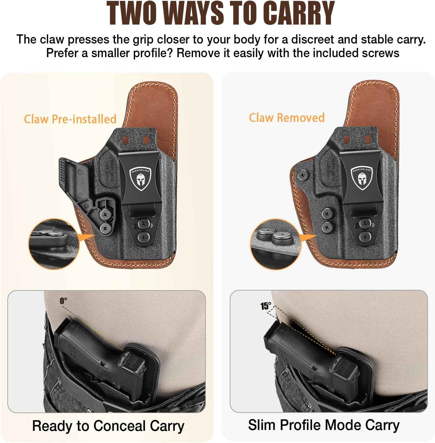 WARRIORLAND Springfield Hellcat Pro Holster - Compatible with Hellcat/RDP/OSP Optics Cut, IWB Hybrid Kydex/Leather Concealed Carry Holster, Right Hand, Adjustable Cant & Retention & Ride Height, Inside Waistband Holster