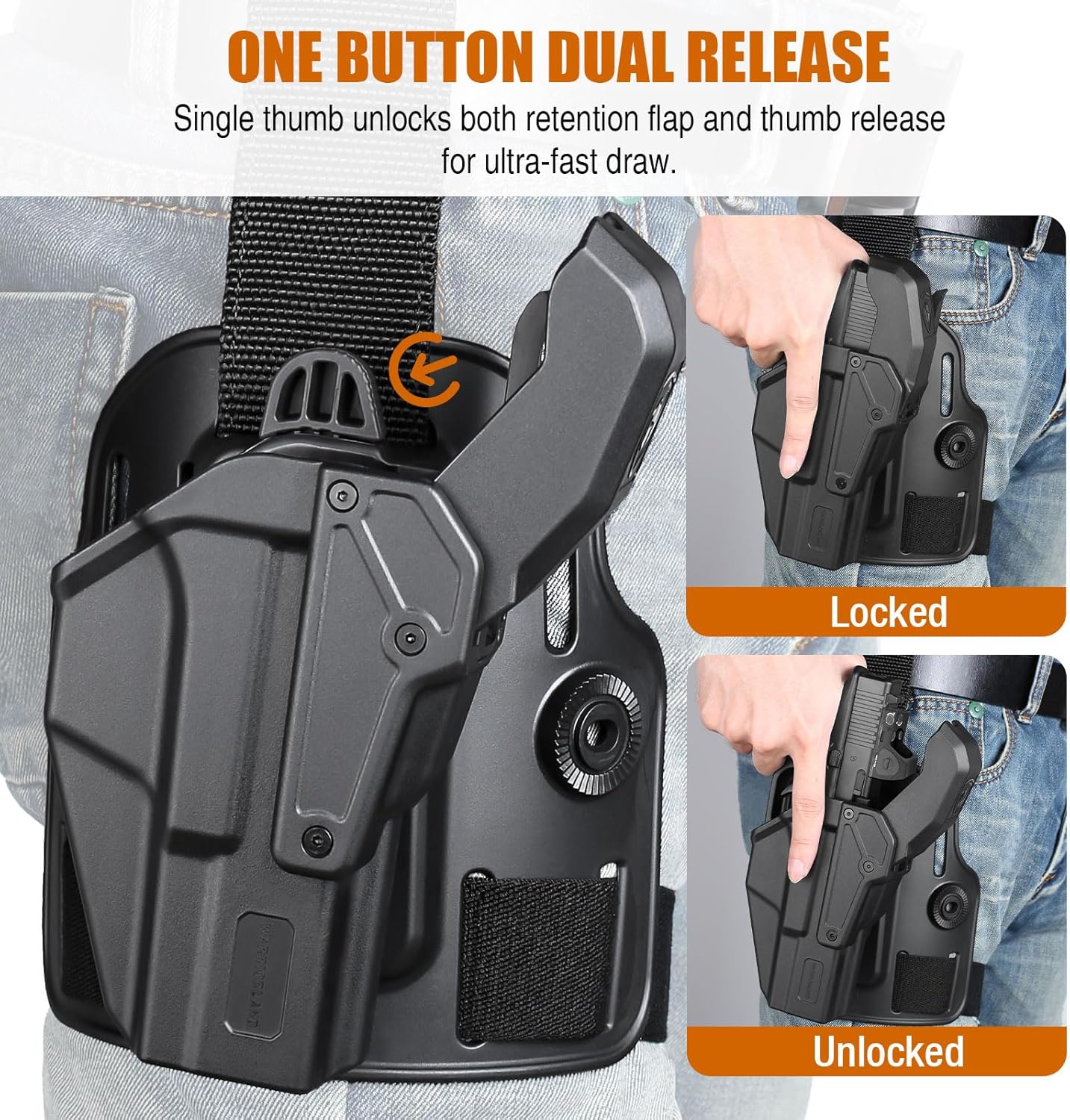 WARRIORLAND Level 2 Drop Leg Holster for 17/19/ 22/23/34 Gen 3-5 & G31/32 Gen 3-4 & 19X/44/45/47/49 & MOS Version, Optic Cut with RDS Cover, Tactical Thigh Holster with Adj. Heigh, Open Muzzle Design - WARRIORLAND