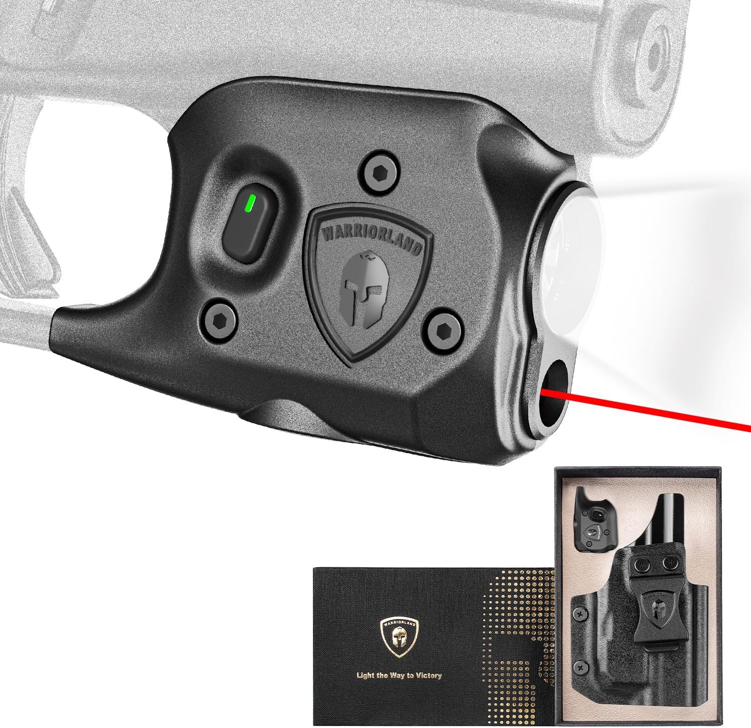 WARRIORLAND Pistol Light Laser & Holster Fit for Glock 43 / 43X (No Rail Version), Compact 150-Lumen Trigger Mounted Tactical Weapon Light with Red Laser White LED & IWB Holster, Power Indicator - WARRIORLAND