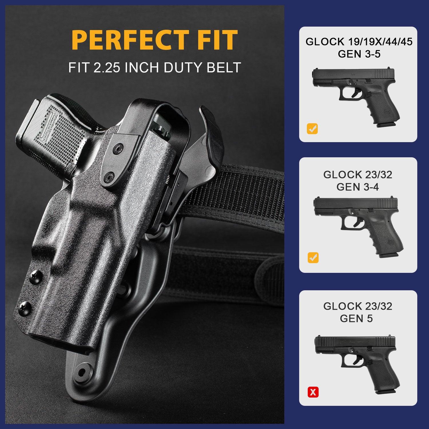 Glock 19  Holster Level II Retention w/Hook Guard & Rotating Hood: Glock 17 Gen3-5 G19 Gen3-5  G19X  G23 Gen3-4  G26 Gen3-5   G32 Gen3-4  G34 Gen3-5   G44  G45, 2.25 , Adj. Retention & Ride Height, Right Hand|WARRIORLAND - WARRIORLAND