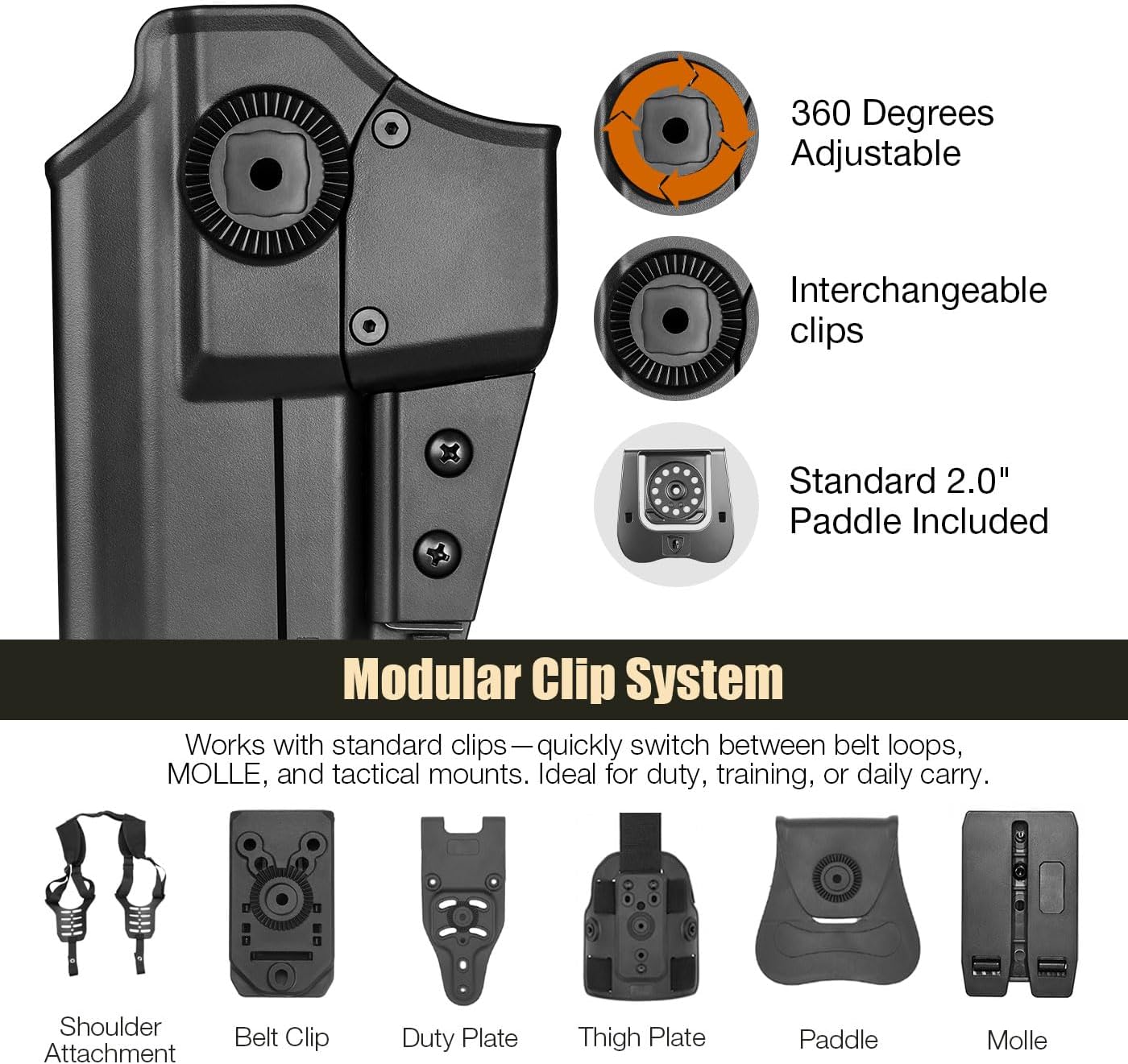 WARRIORLAND Universal OWB Gun Holster w/Optic Cut Ready – Fits Most Popular Compact to Full Size Handguns with 4”–5.3” Barrel – Level II Retention, 360° Adjustable Paddle for 1.5-2.0