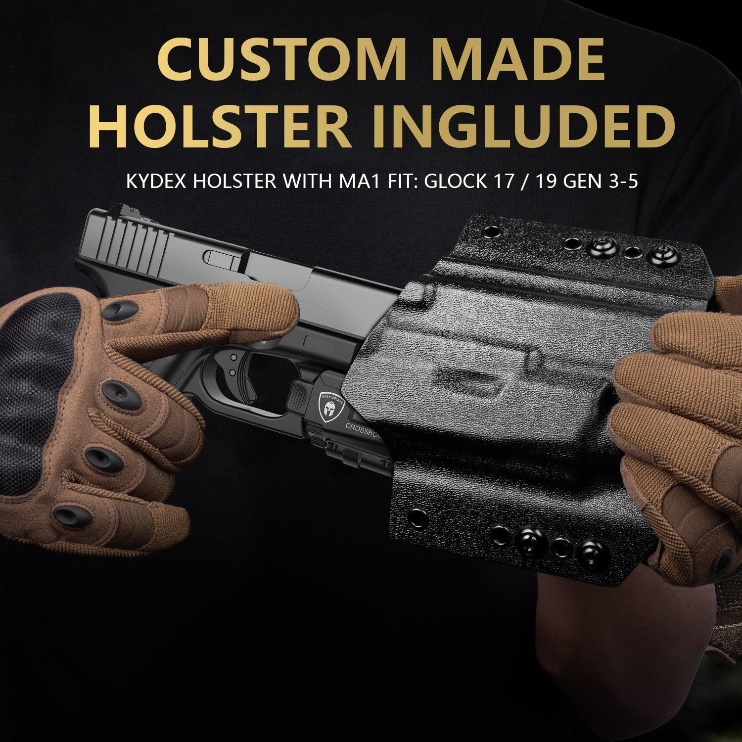 WARRIORLAND MA1 Laser Light Combo Holster, Fit for Glock 17/19 Gen 3-5 & 22/23/ 31/32 Gen 3-4 & Glock 19X/ 44/45, Compact 800 Lumen LED Gun Flashlight and Green Laser & OWB Holster, Rechargeable - WARRIORLAND