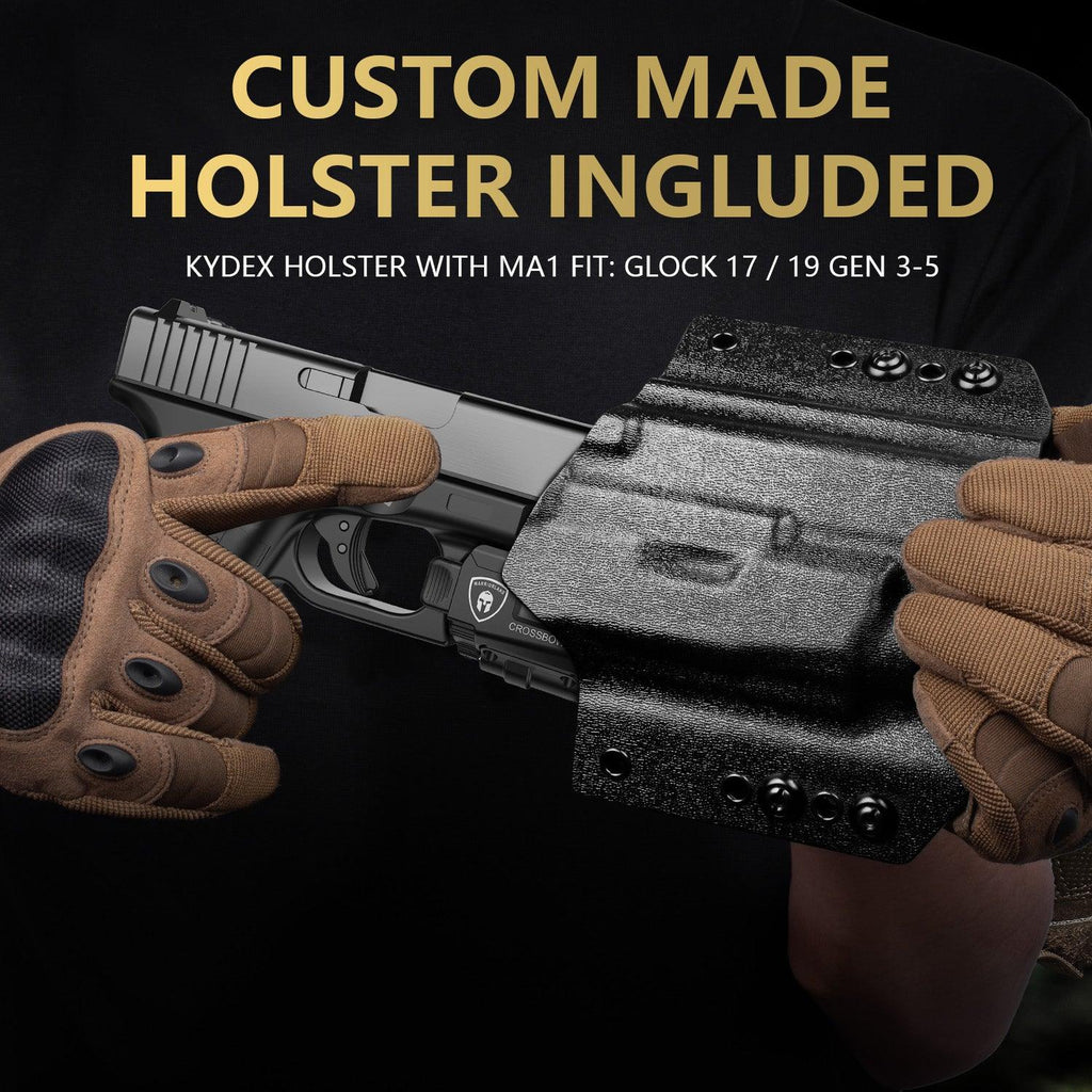 WARRIORLAND MA1 Laser Light Combo Holster, Fit for Glock 17/19 Gen 3-5 & 22/23/ 31/32 Gen 3-4 & Glock 19X/ 44/45, Compact 800 Lumen LED Gun Flashlight and Green Laser & OWB Holster, Rechargeable - WARRIORLAND