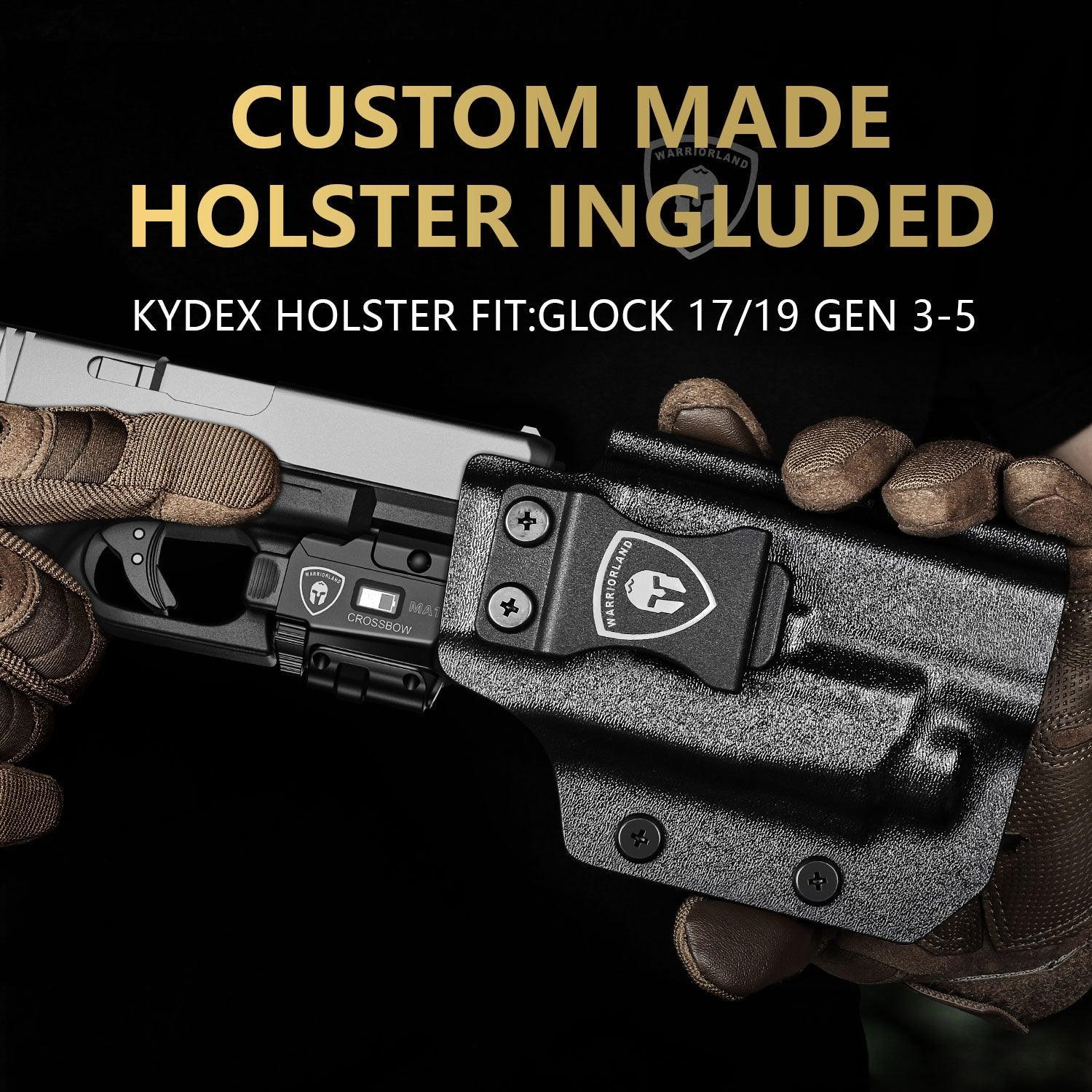 Universal Light Laser Combo with Glock 17/19 KYDEX Left Hand Holster, Green Laser & White LED Tactical Light, Magnetic USB Rechargeable Flashlight-Screen Displays Battery Status, Crossbow MA1|WARRIORLAND - WARRIORLAND