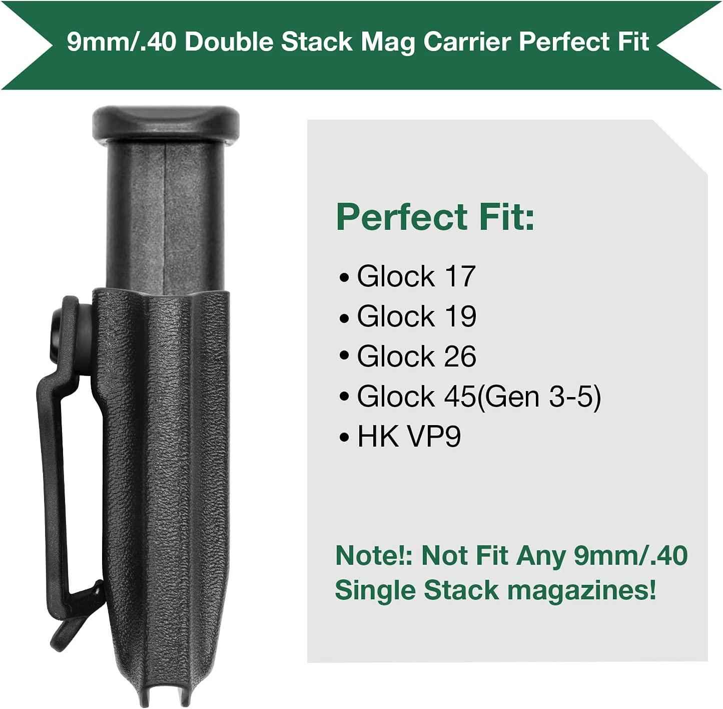 Universal 9mm/.40 Double Stack Mag Carrier IWB/OWB Magazine Holster Option 1: Glock 17 19 26 45(Gen 3-5)/HK VP9, Option 2: Taurus G2C/G3C/Sig Sauer P365/P320/Hellcat/CZ P10C/Walther PPQ M1