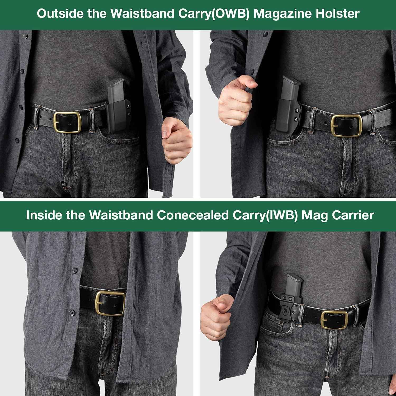 Universal 9mm/.40 Double Stack Mag Carrier IWB/OWB Magazine Holster Option 1: Glock 17 19 26 45(Gen 3-5)/HK VP9, Option 2: Taurus G2C/G3C/Sig Sauer P365/P320/Hellcat/CZ P10C/Walther PPQ M1