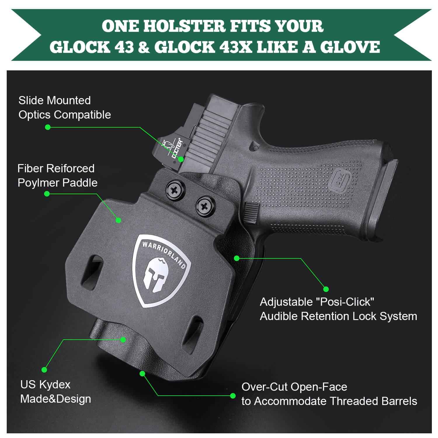 Kydex OWB Holster for Glock 43 43x with Paddle Appendix Open Carry Red Dot Optics Cut Trigger Guard Right/ Left | WARRIORLAND