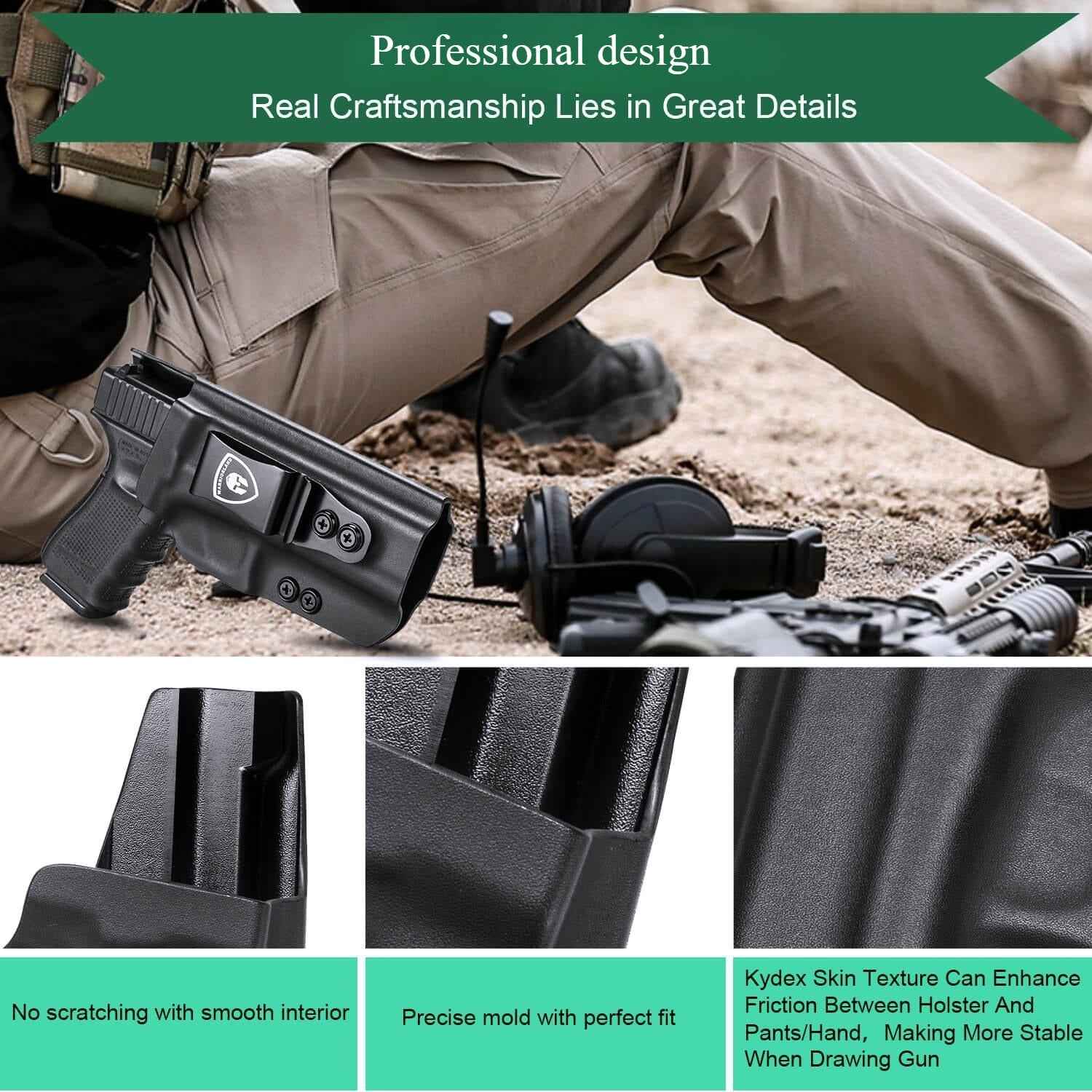 IWB Glock Holster for 17 19 23 26 32 Gen 4 5 19X 44 45 with Adjustable Ride Height and Metal Belt Clip | WARRIORLAND
