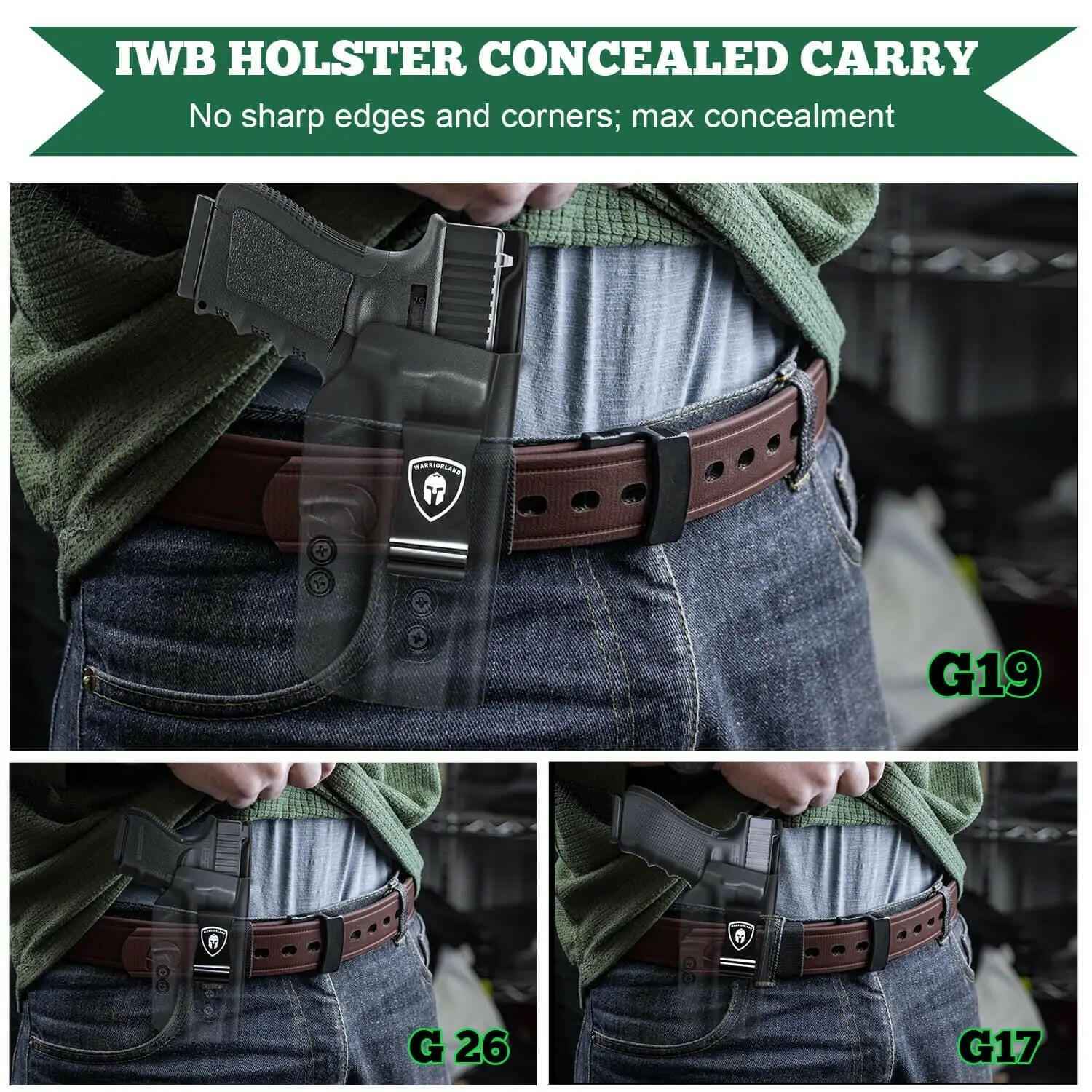IWB Glock Holster for 17 19 23 26 32 Gen 4 5 19X 44 45 with Adjustable Ride Height and Metal Belt Clip | WARRIORLAND