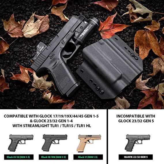 Kydex OWB Light Bearing Holster for Glock 17 19  23 32 Gen 4 5 19X 44 45 with Streamlight TLR 1 1S HL Light, Right Hand