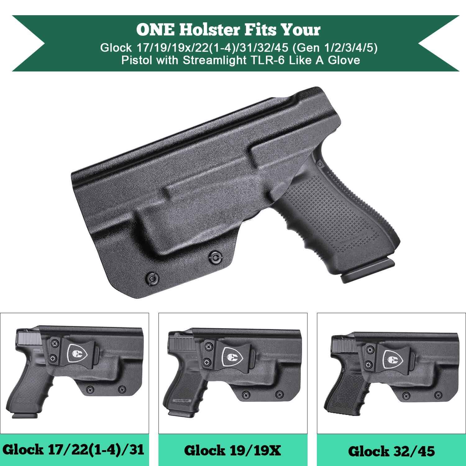IWB Kydex Holster Glock TLR 6 | Light Bearing Holster for Glock 17, 19, 19X, 22 (Gen 1-4), 31, 32, 45 (Gen 1-5) | Right/Left Handed | WARRIORLAND